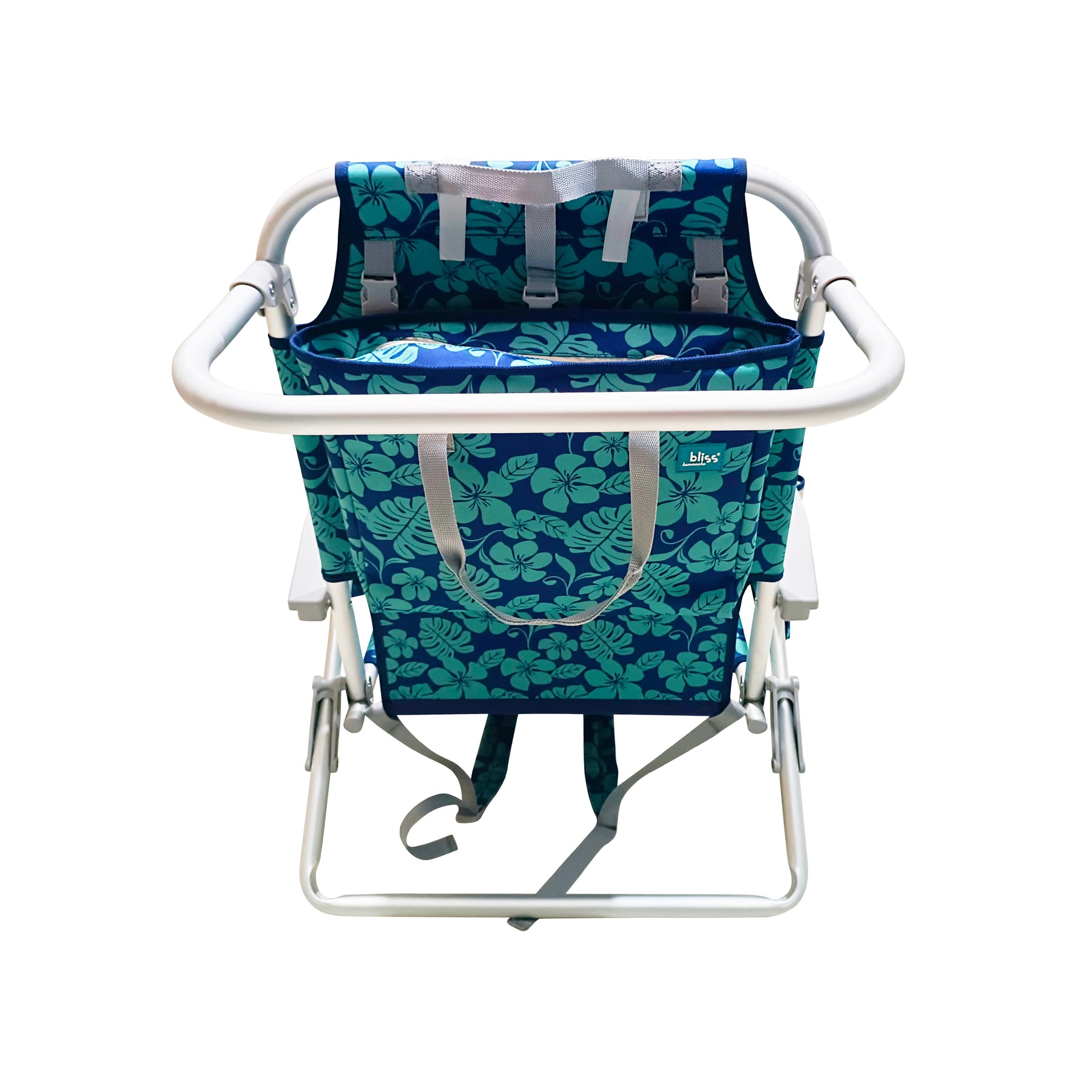 Rear view of the Bliss Hammocks Backpack Aluminum Blue Flower Beach Chair.