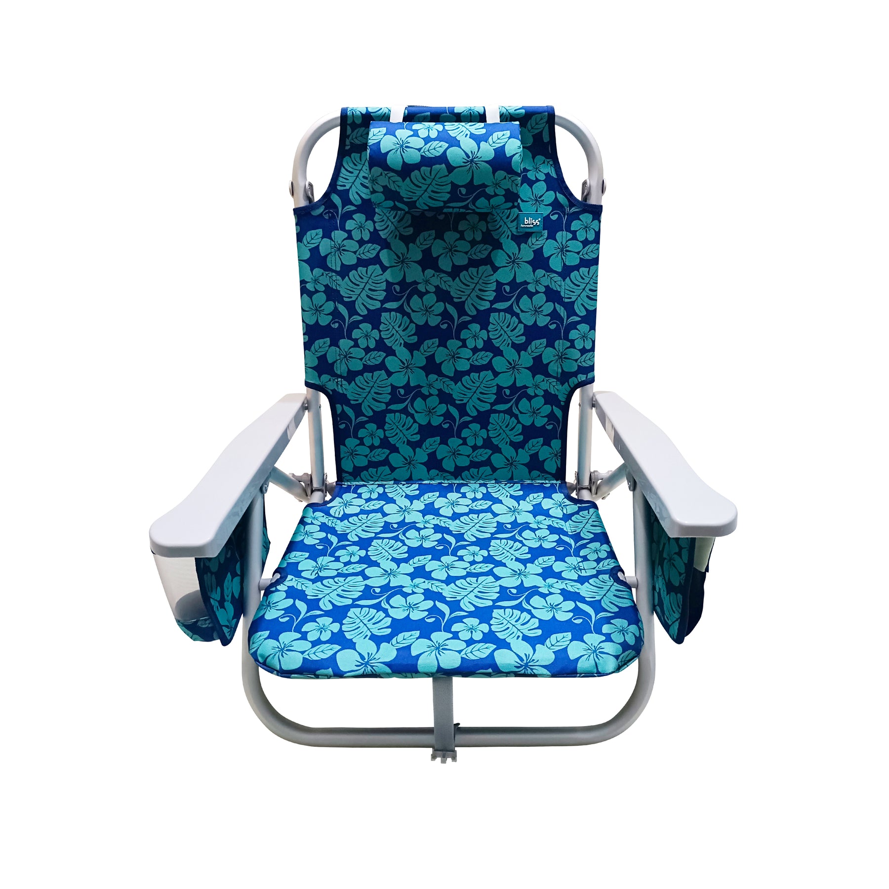 Front view of the Bliss Hammocks Backpack Aluminum Blue Flower Beach Chair.