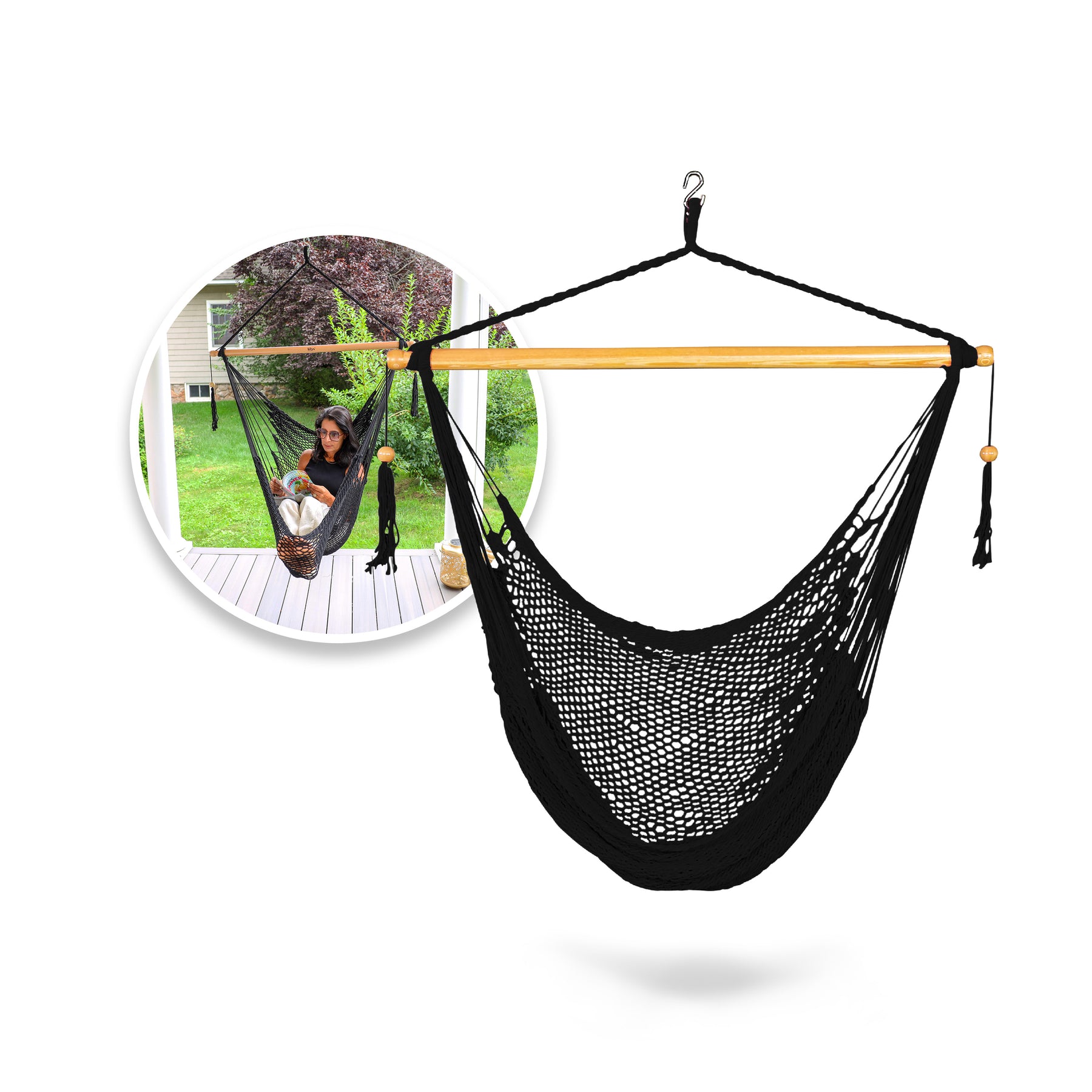 Bliss hammocks island rope hanging hammock chair with inset image of product in use