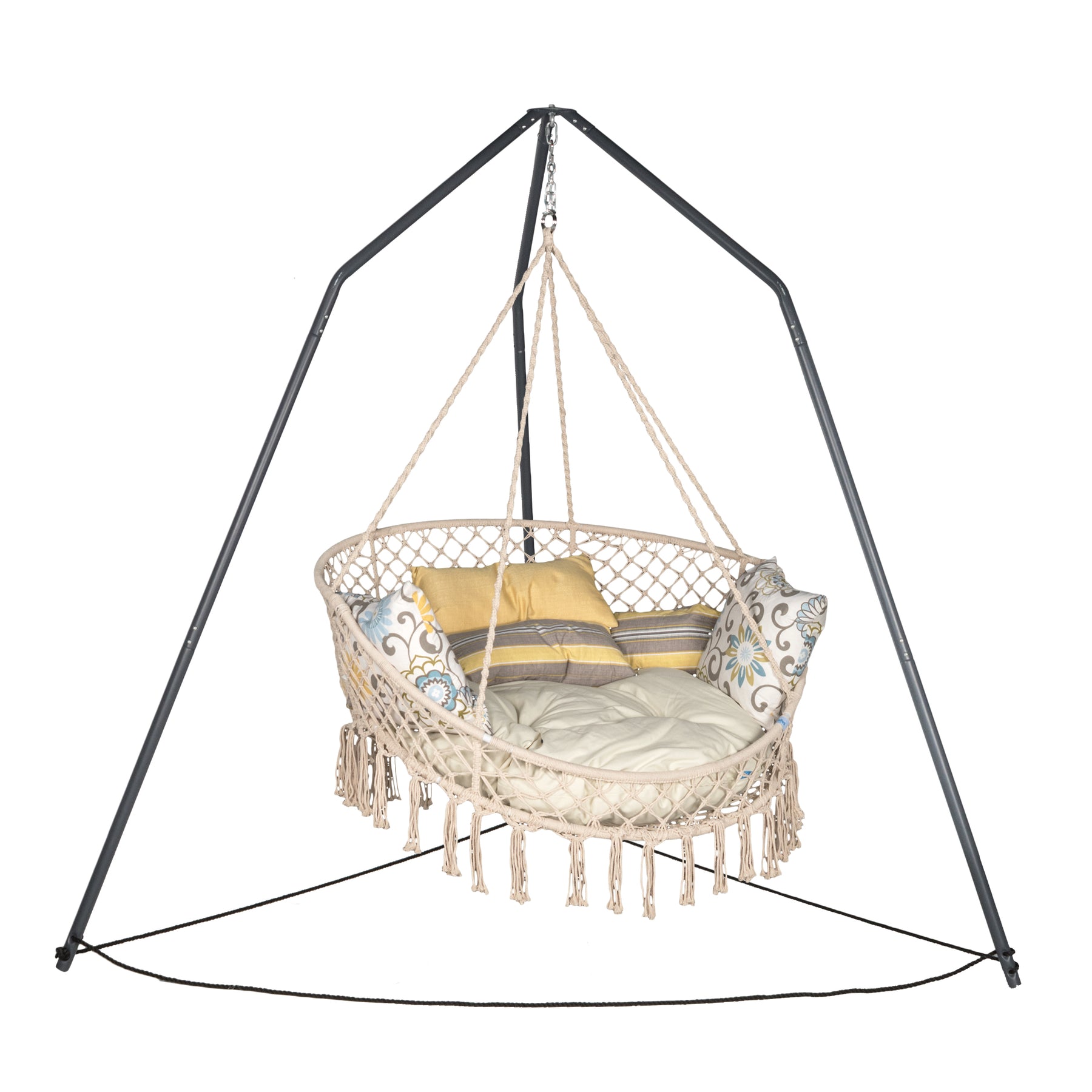 Bliss Hammocks 96-inch Overhead Tripod Stand with Supporting Base Ropes holding a Hammock Chair with pillows.