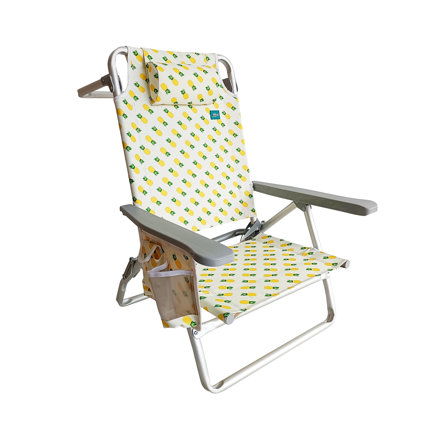 Bliss Hammocks Folding Beach Chair with Towel Rack, cup holder, and side pocket. Pineapple variation is a white color with a pineapple pattern.