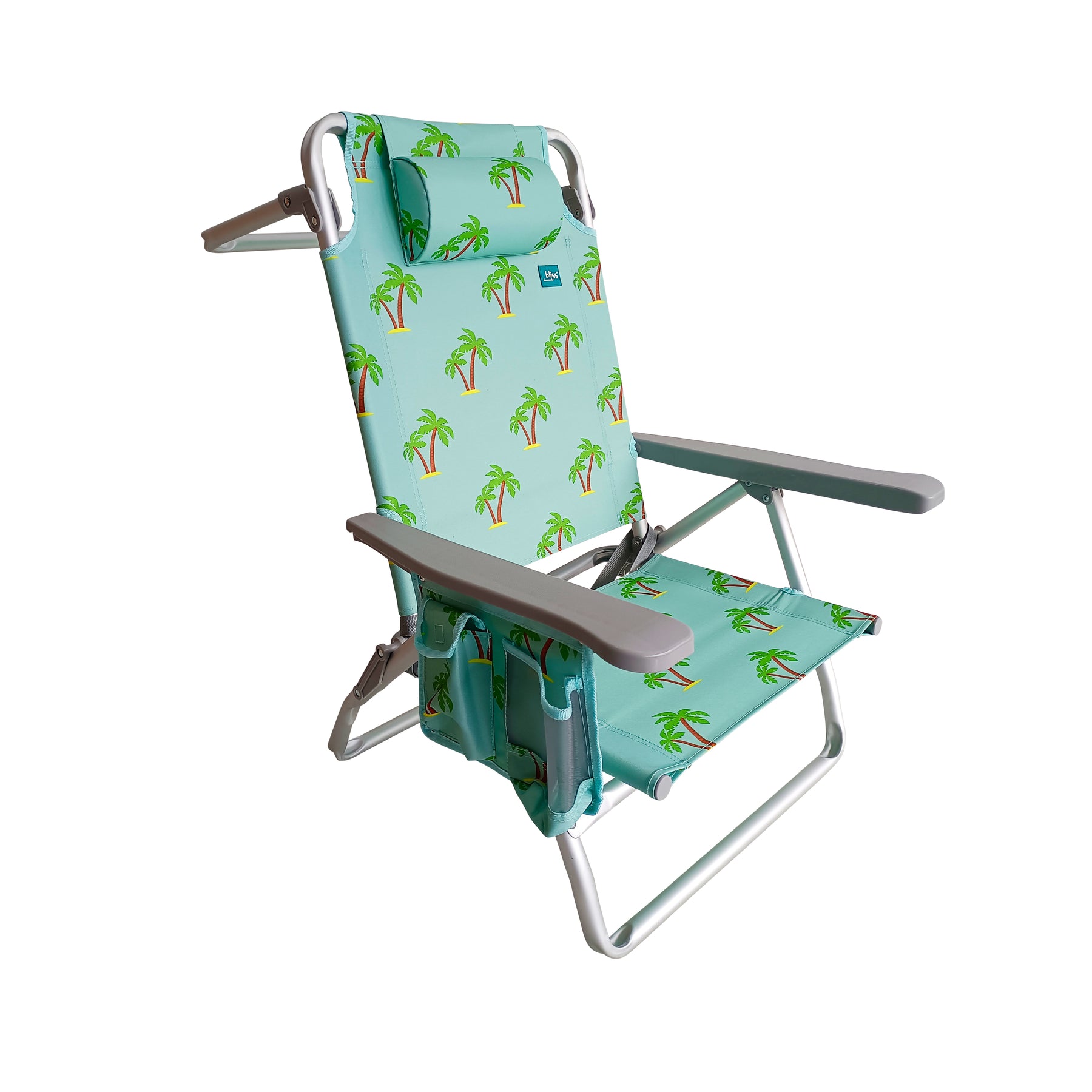 Bliss Hammocks Folding Beach Chair with Towel Rack, cup holder, and side pocket. Palm Tree variation is a light blue color with a palm tree pattern.