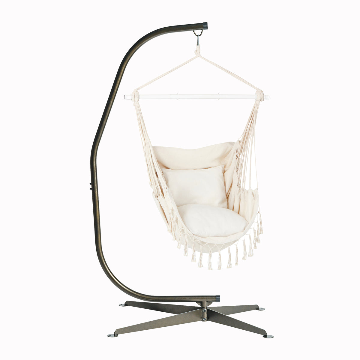 Bliss Hammocks 40-inch Wide Fringed Hammock Chair in the Natural variation hanging from the Bliss Hammocks 84-inch Swing Chair Stand with Hanging Hook.