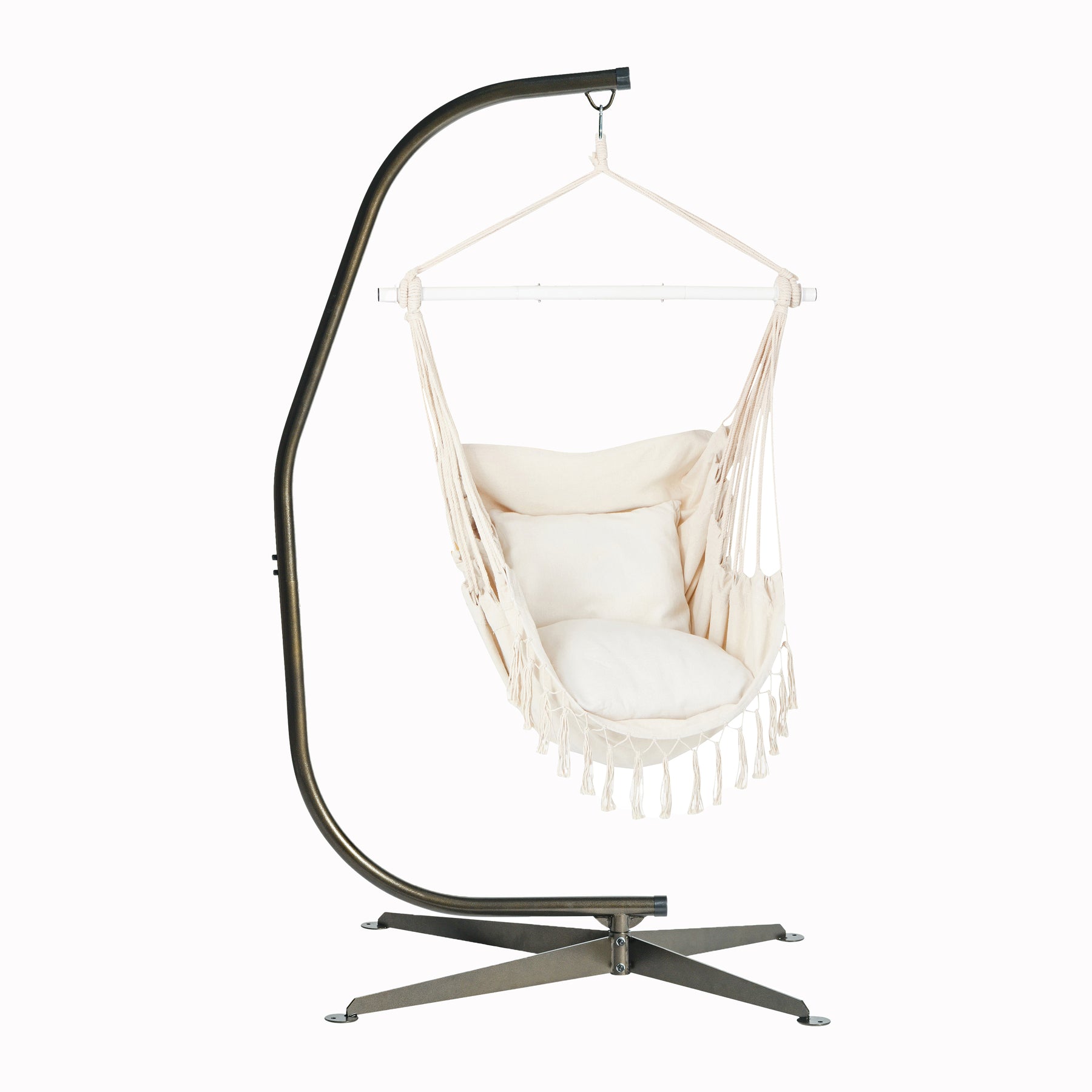 Bliss Hammocks 40-inch Wide Fringed Hammock Chair in the Natural variation hanging from the Bliss Hammocks 84-inch Swing Chair Stand with Hanging Hook.