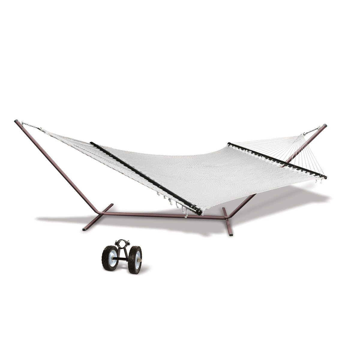 Bliss Hammocks 55-inch Wide 2-Person Weekender Deluxe Hammock, a 15-foot bronze hammock stand, and wheel kit.