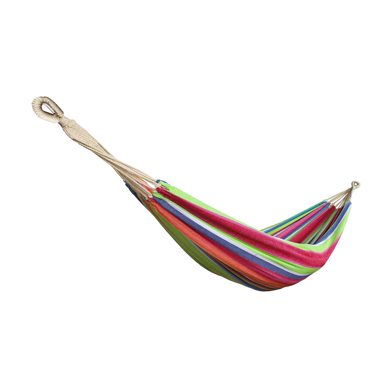Bliss Hammocks 40-inch Wide Hammock in a Bag with Hand-woven Rope loops in the tropical fruit stripe variation.