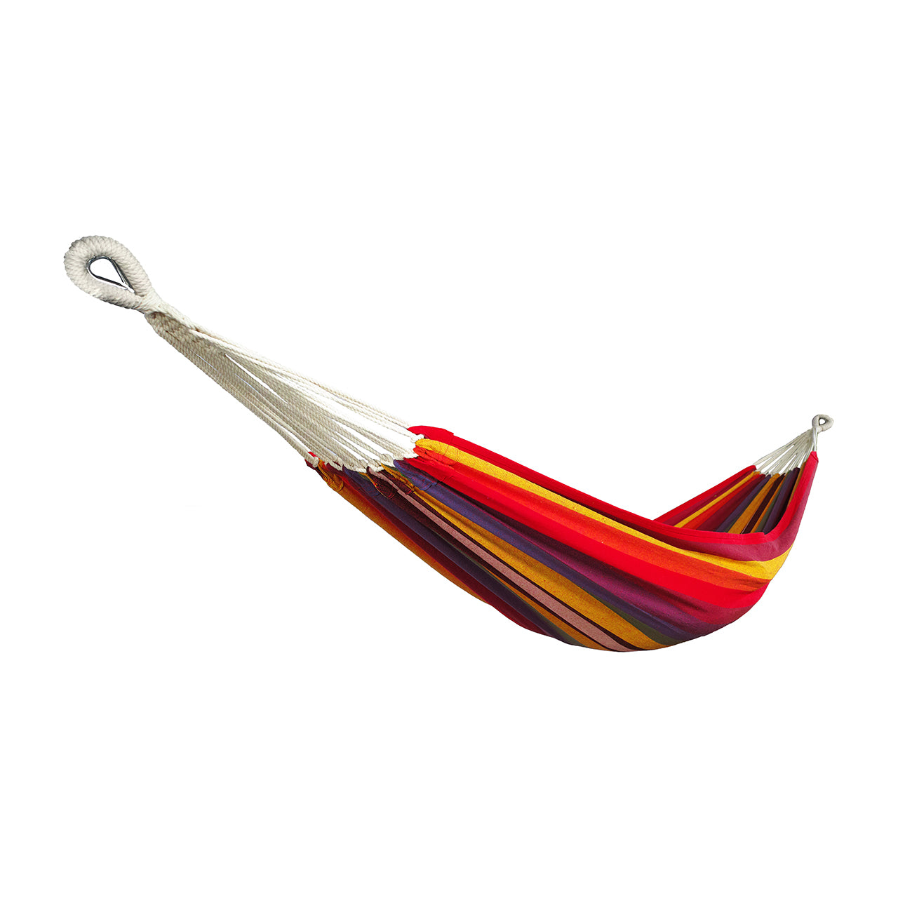 Bliss Hammocks 40-inch Wide Hammock in a Bag with Hand-woven Rope loops in the tequila sunrise stripe variation.