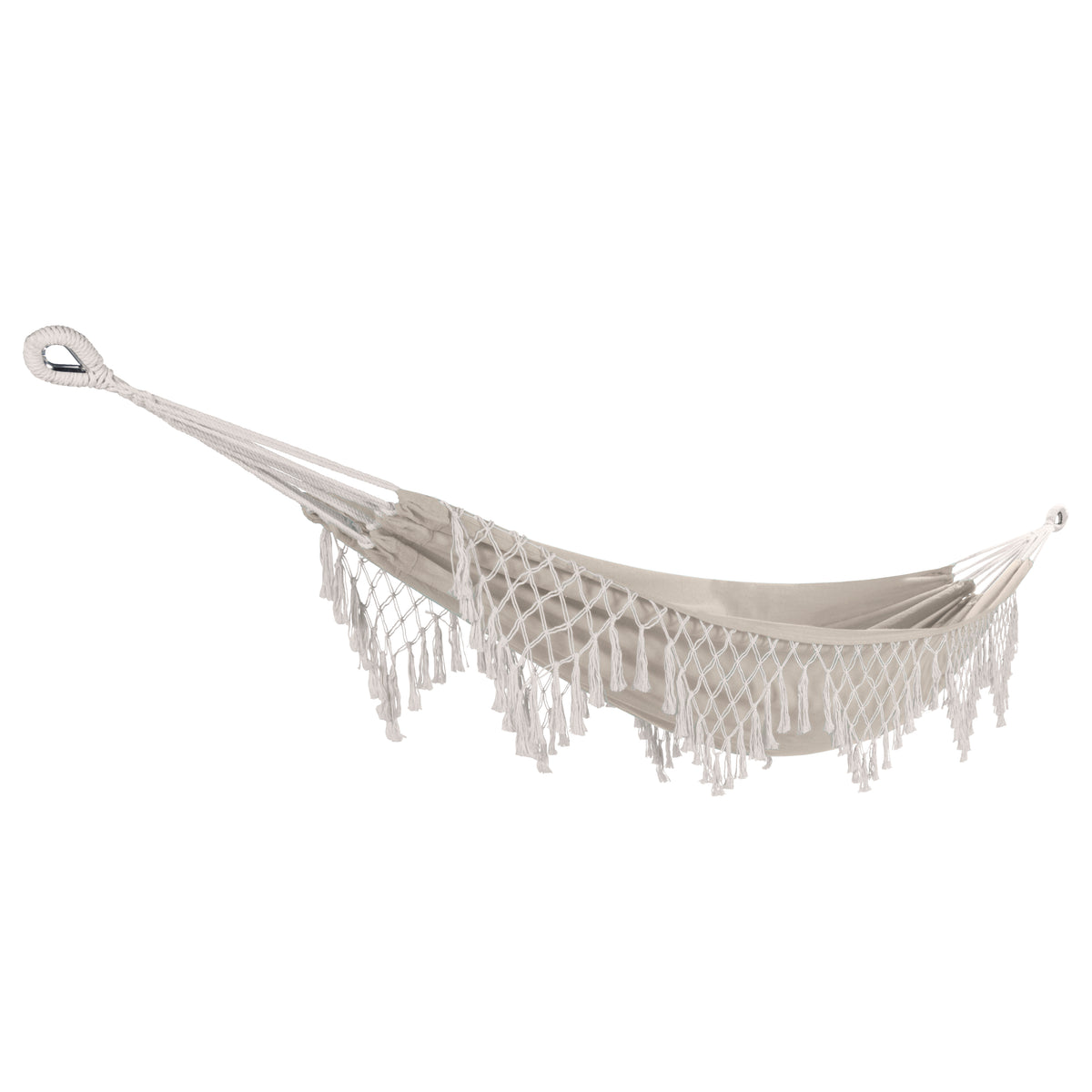 Bliss Hammocks 40-inch Wide Hammock in a Bag with Fringe. An off-white color with rope loops to hang on a hammock stand.