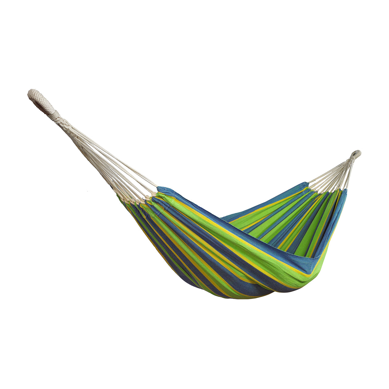 Bliss Hammocks 60-inch Wide Double Hammock in a Bag with Hand-woven Rope loops in the Mediterranean Stripe variation.