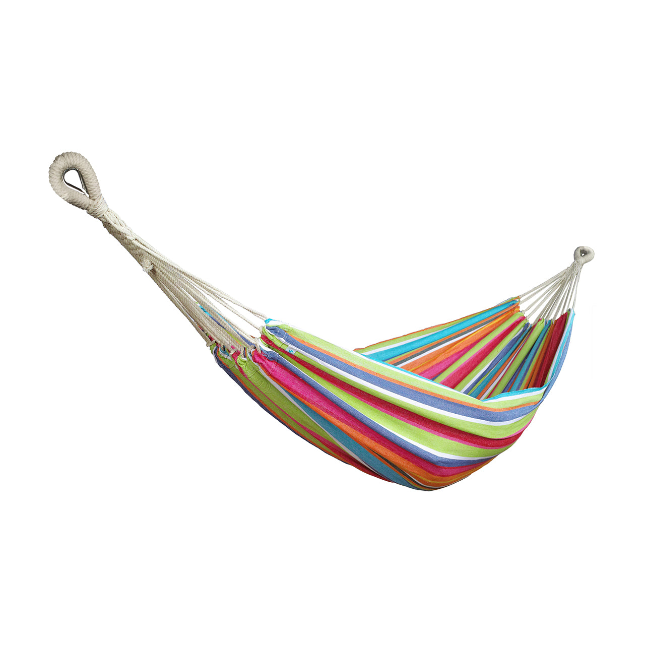 Bliss Hammocks 60-inch Wide Double Hammock in a Bag with Hand-woven Rope loops in the Tropical Fruit Stripe variation.