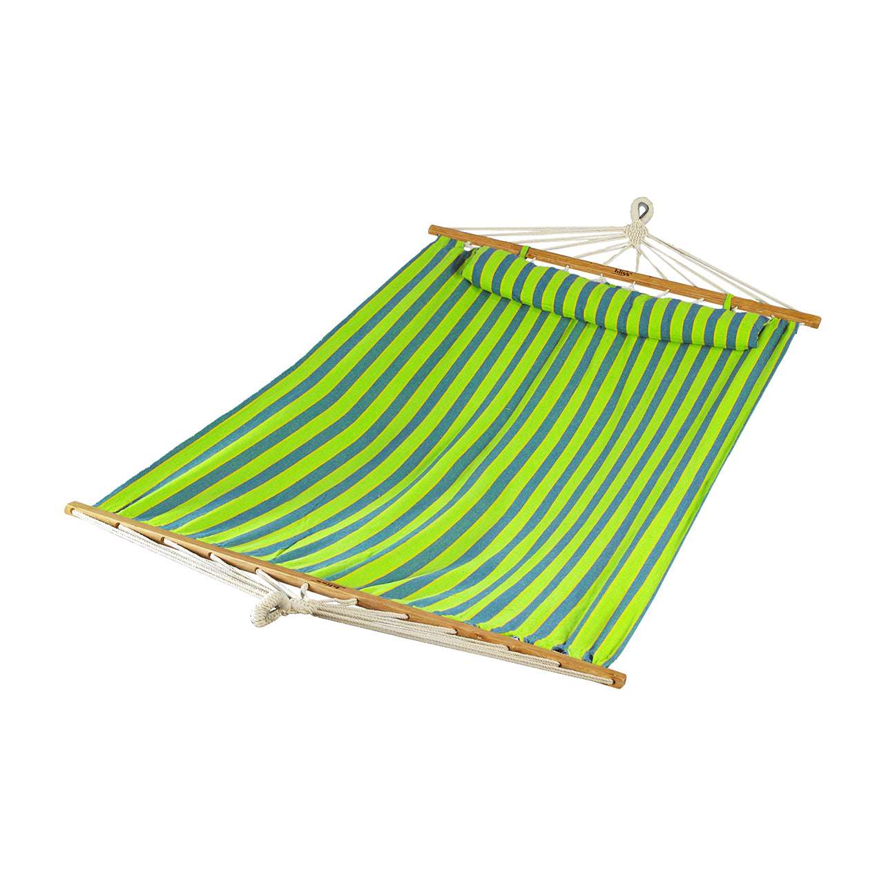 Bliss Hammocks 48-inch Wide Caribbean Hammock with Pillow, Velcro Straps, and Chains in the Mediterranean stripe variation.