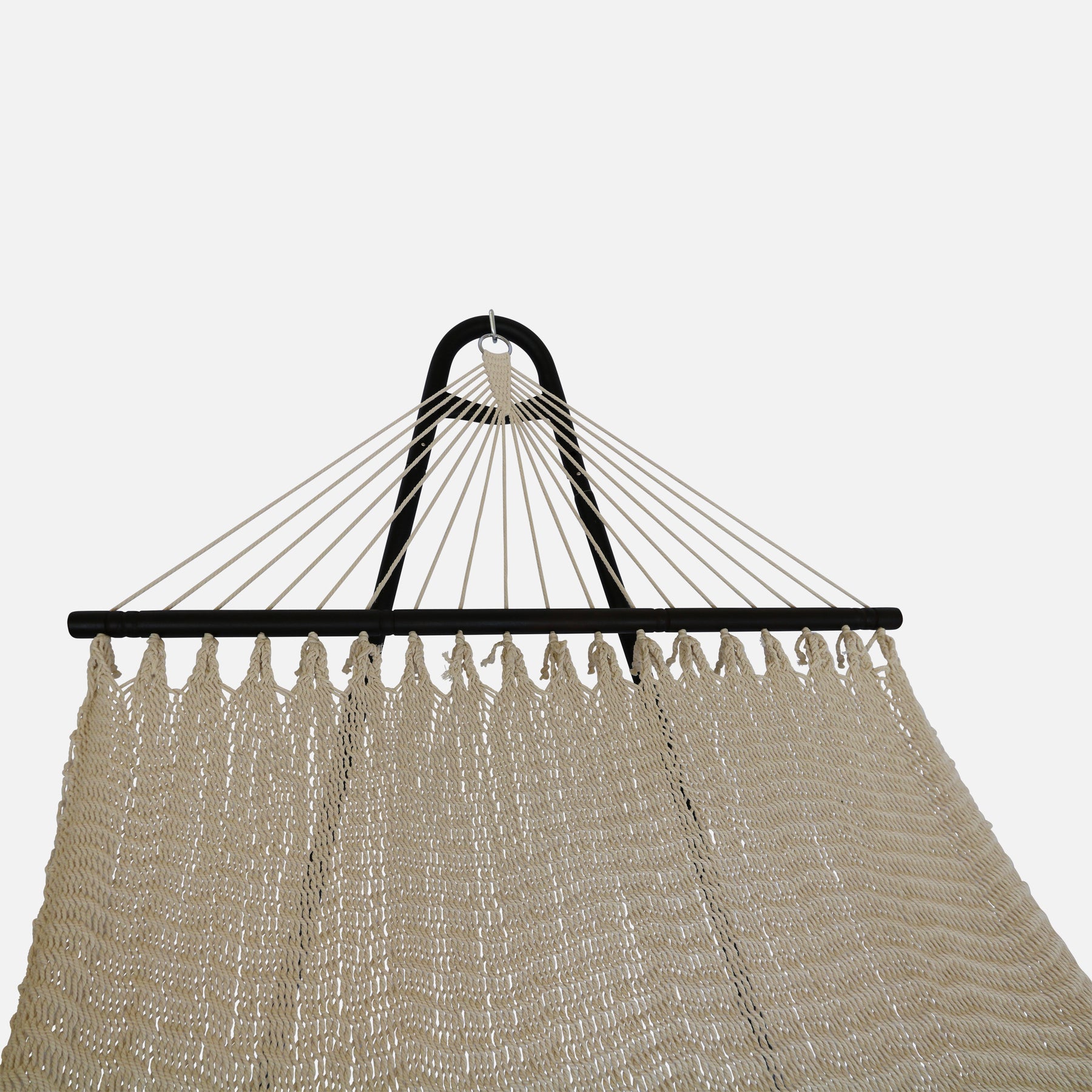 Close-up of one end of the Bliss Hammocks 48-inch Tahiti Hammock attached to a stand.