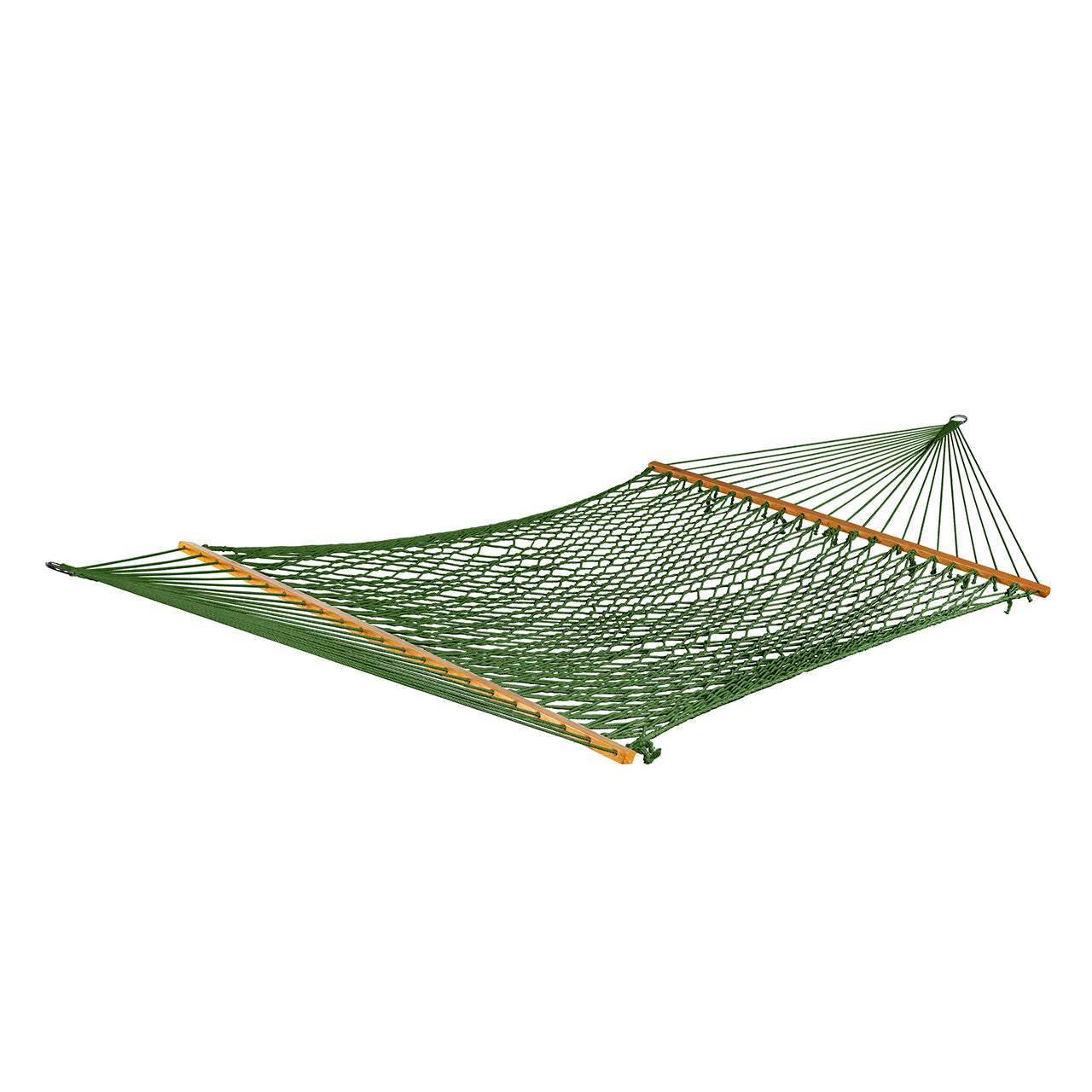 Bliss Hammocks 60-inch Wide Cotton Rope Hammock with Spreader Bar, S Hooks, and Chains in the green variation.