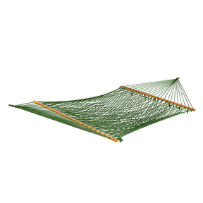 Bliss Hammocks 60-inch Wide Cotton Rope Hammock with Spreader Bar, S Hooks, and Chains in the green variation.