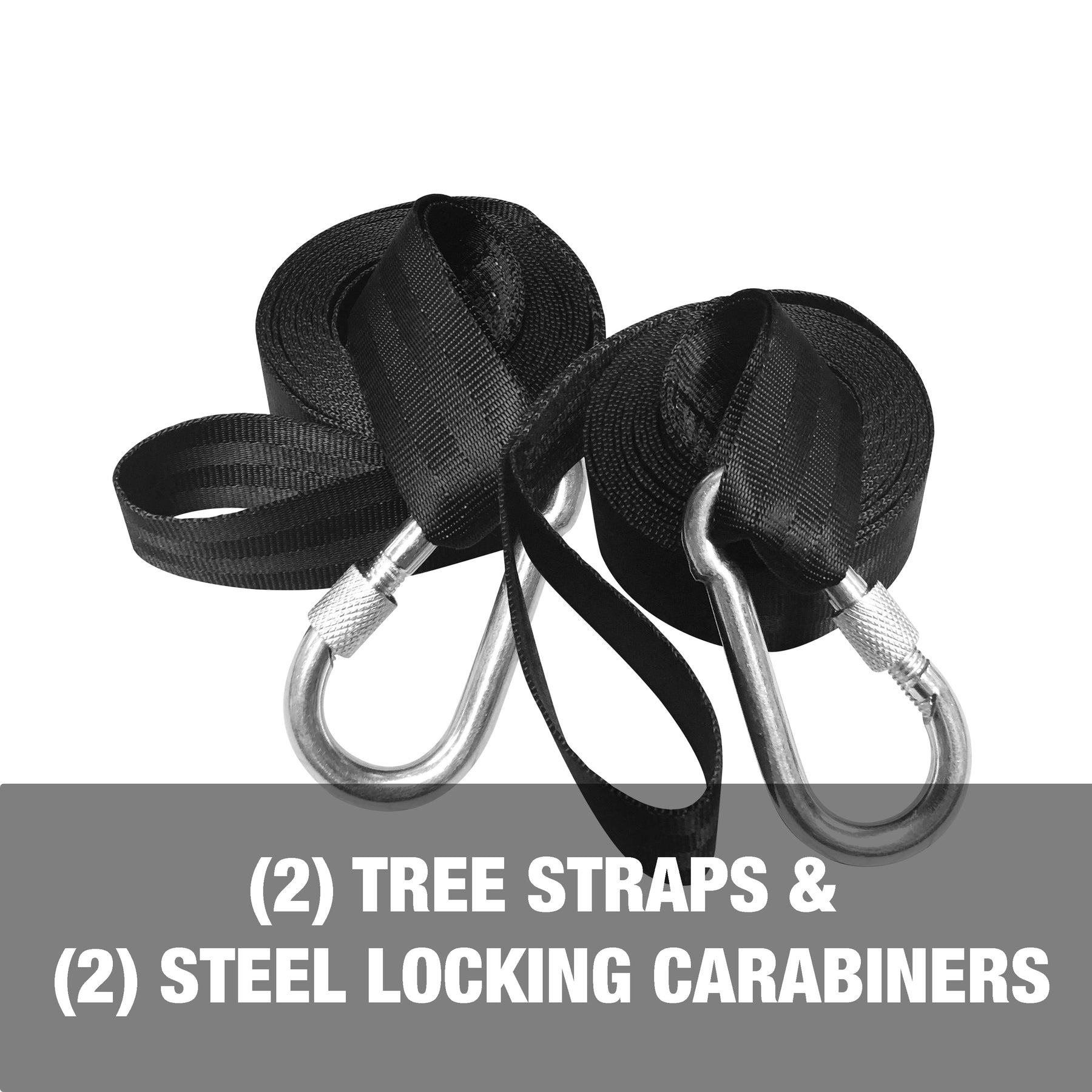 2 tree straps and 2 steel locking carabiners.