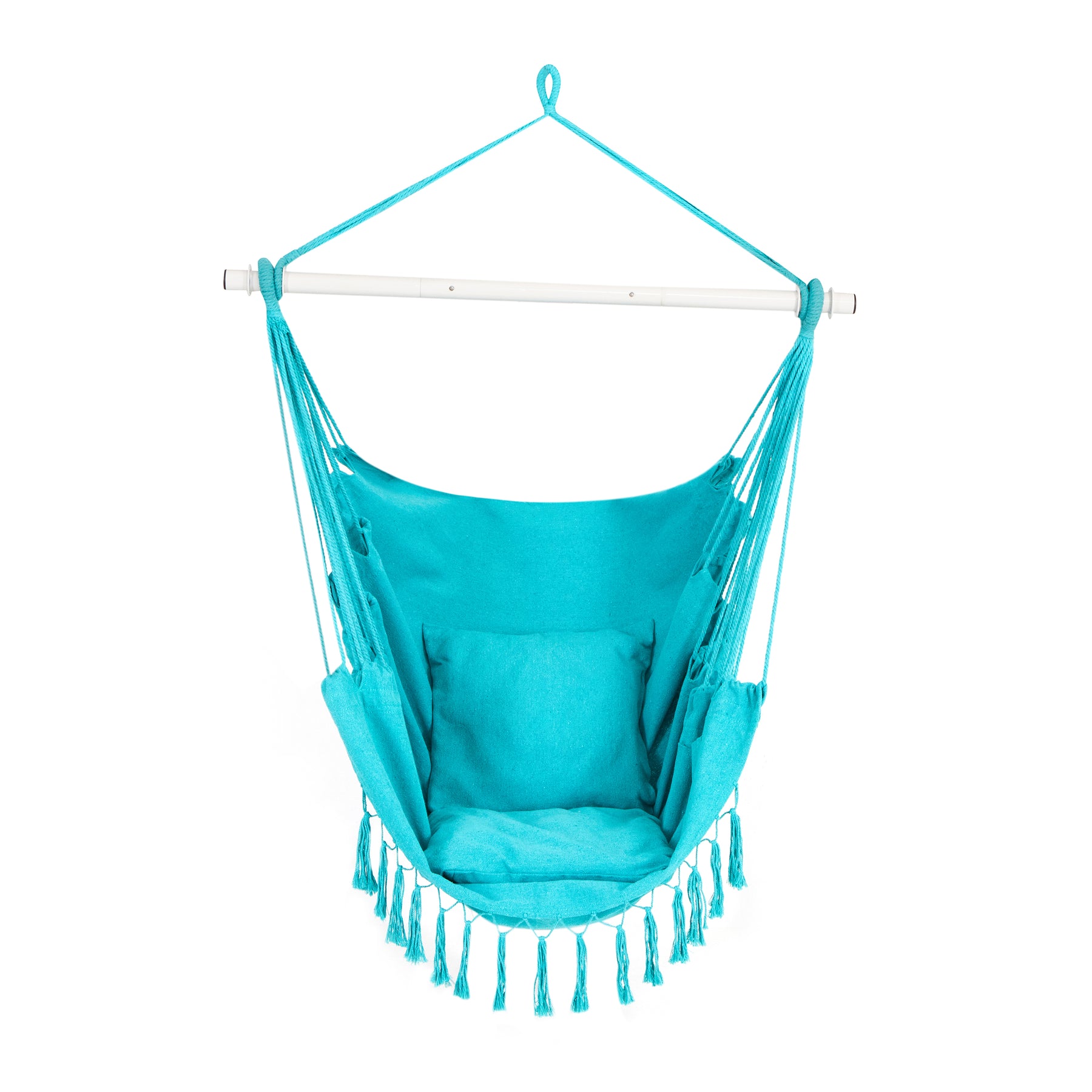 Bliss Hammocks 40-inch Wide Fringed Hammock Chair with 2 Matching Square Pillows, Built-In Side Pocket, and Steel Spreader Bar in the light blue color variation.