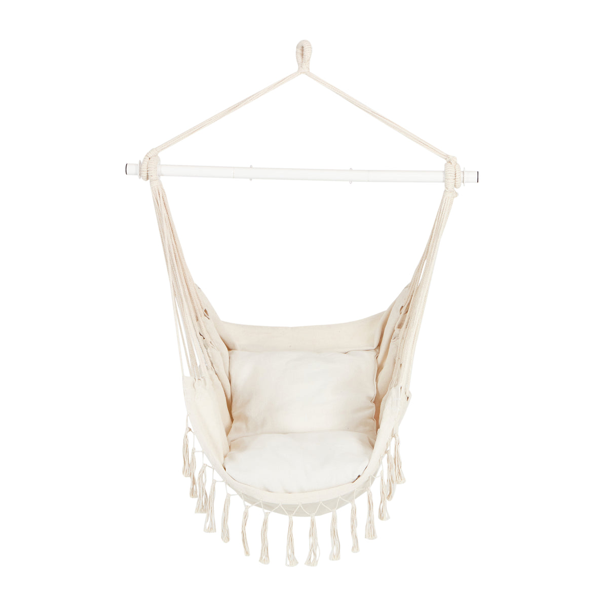 Bliss Hammocks 40-inch Wide Fringed Hammock Chair with 2 Matching Square Pillows, Built-In Side Pocket, and Steel Spreader Bar in the Natural variation, a solid white.