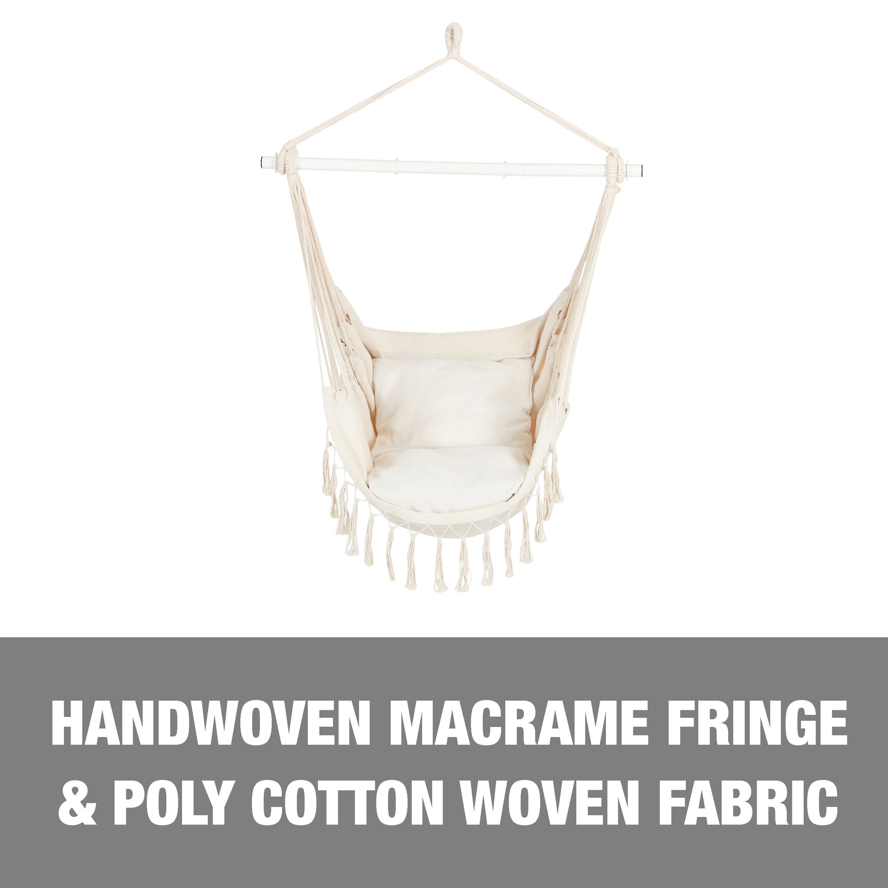 Handwoven macramé fringe and poly-cotton woven fabric.