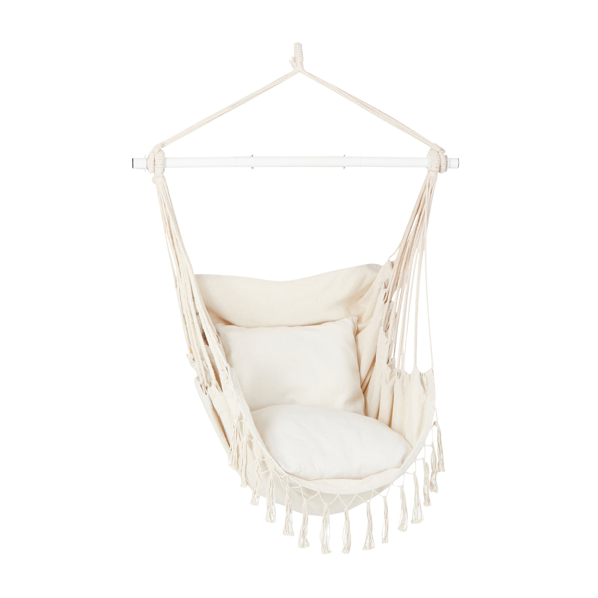Angled view of the Bliss Hammocks 40-inch Wide Fringed Hammock Chair with 2 Matching Square Pillows, Built-In Side Pocket, and Steel Spreader Bar in the Natural variation, a solid white.