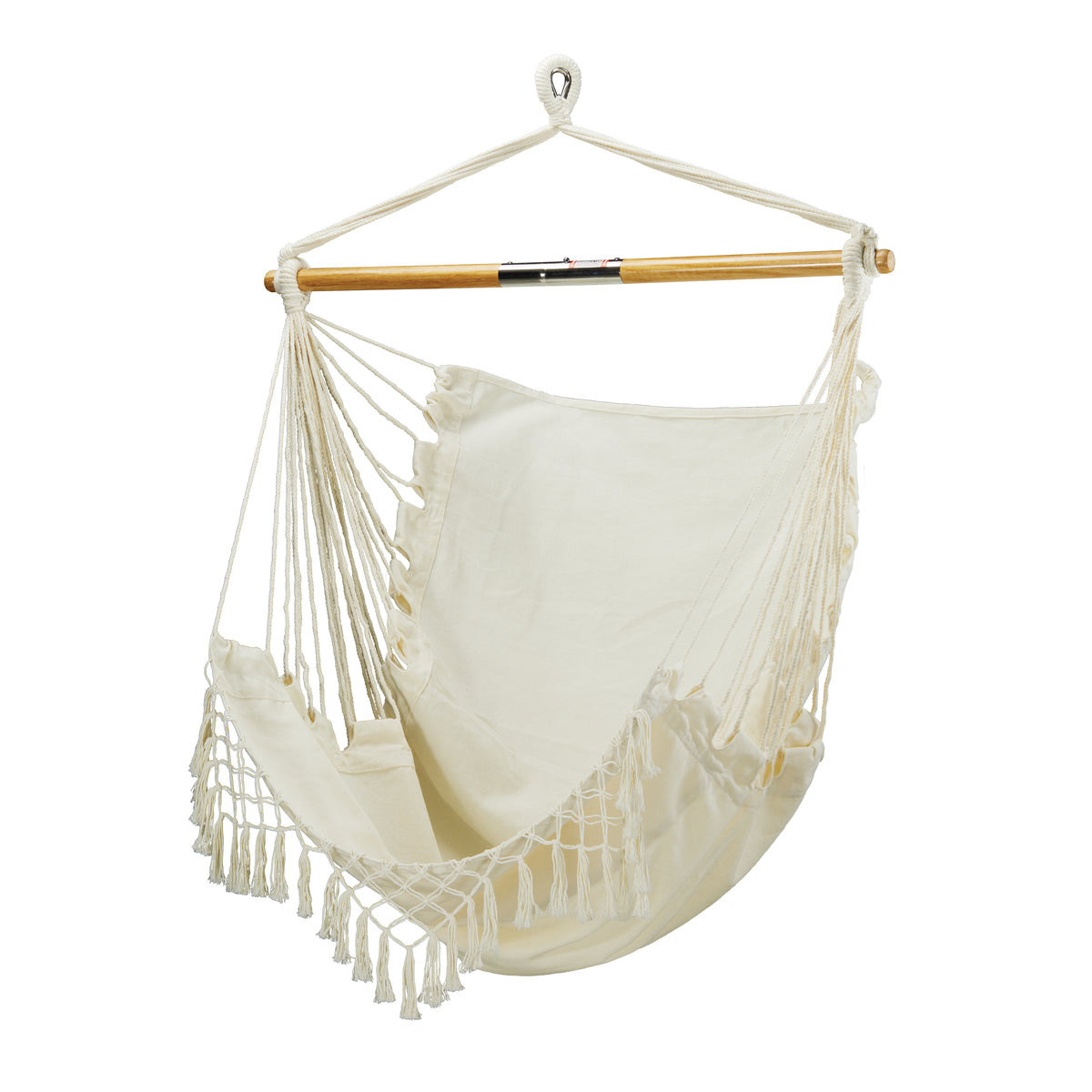 Angled view of the Bliss Hammocks 40-inch Island Rope Fringe Hammock Chair.