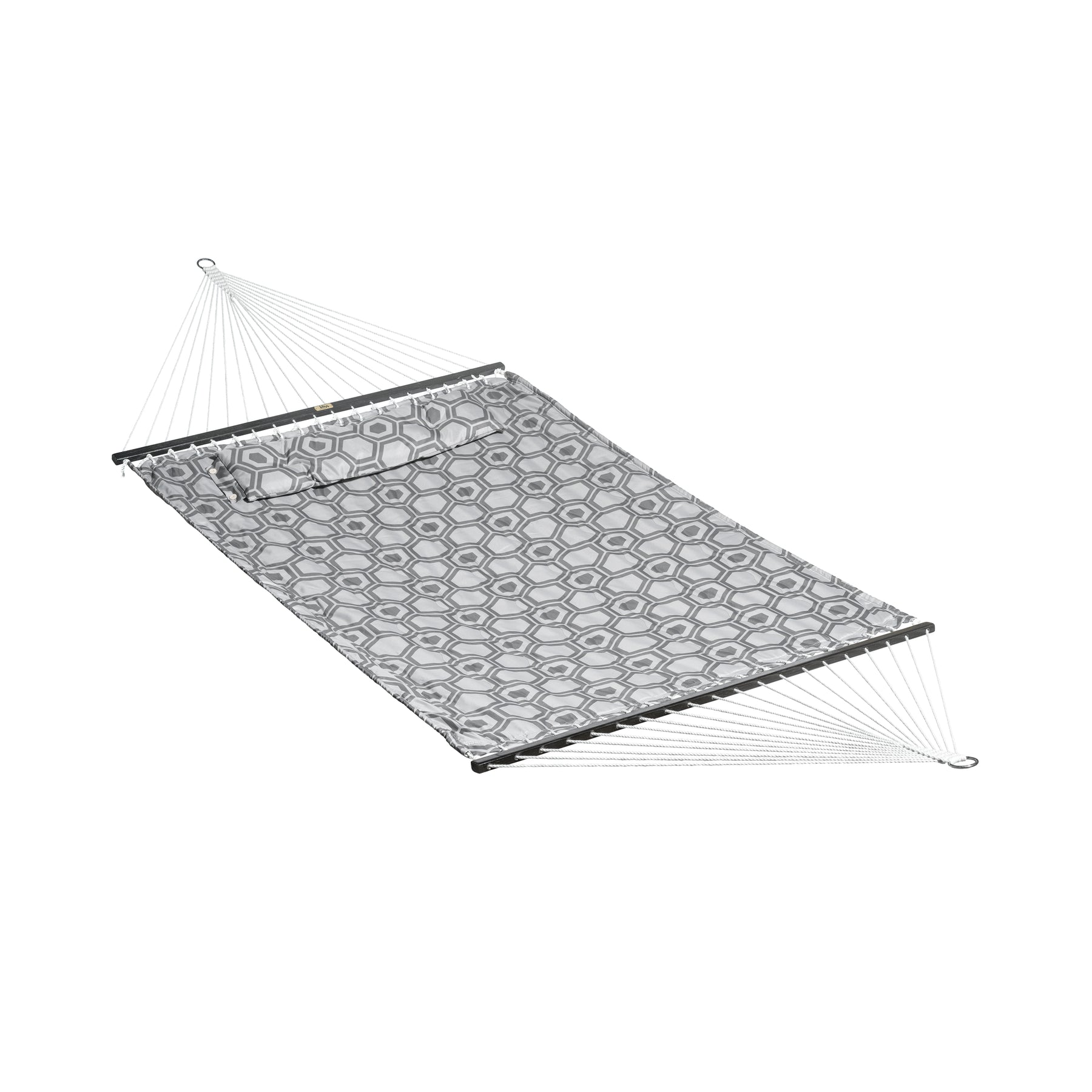 Bliss Hammocks 55-inch Wide 2-Person Reversible Quilted Hammock with Spreader Bars and Pillow in the hexagonal variation.