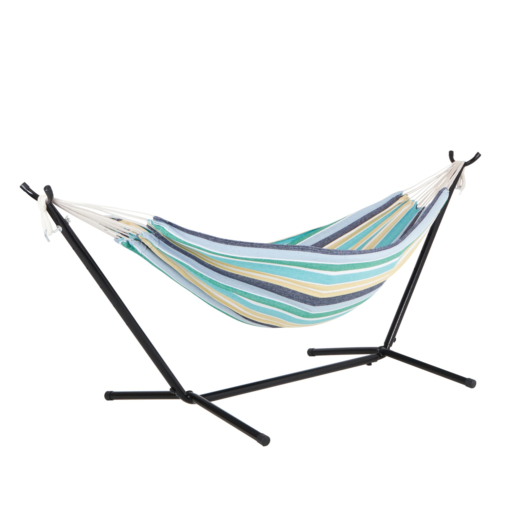 Bliss Hammocks 60-inch Wide Hammock & Built-in Stand in the Country Club variation, which is pastel colored stripes: blue, green, yellow, white, and gray.