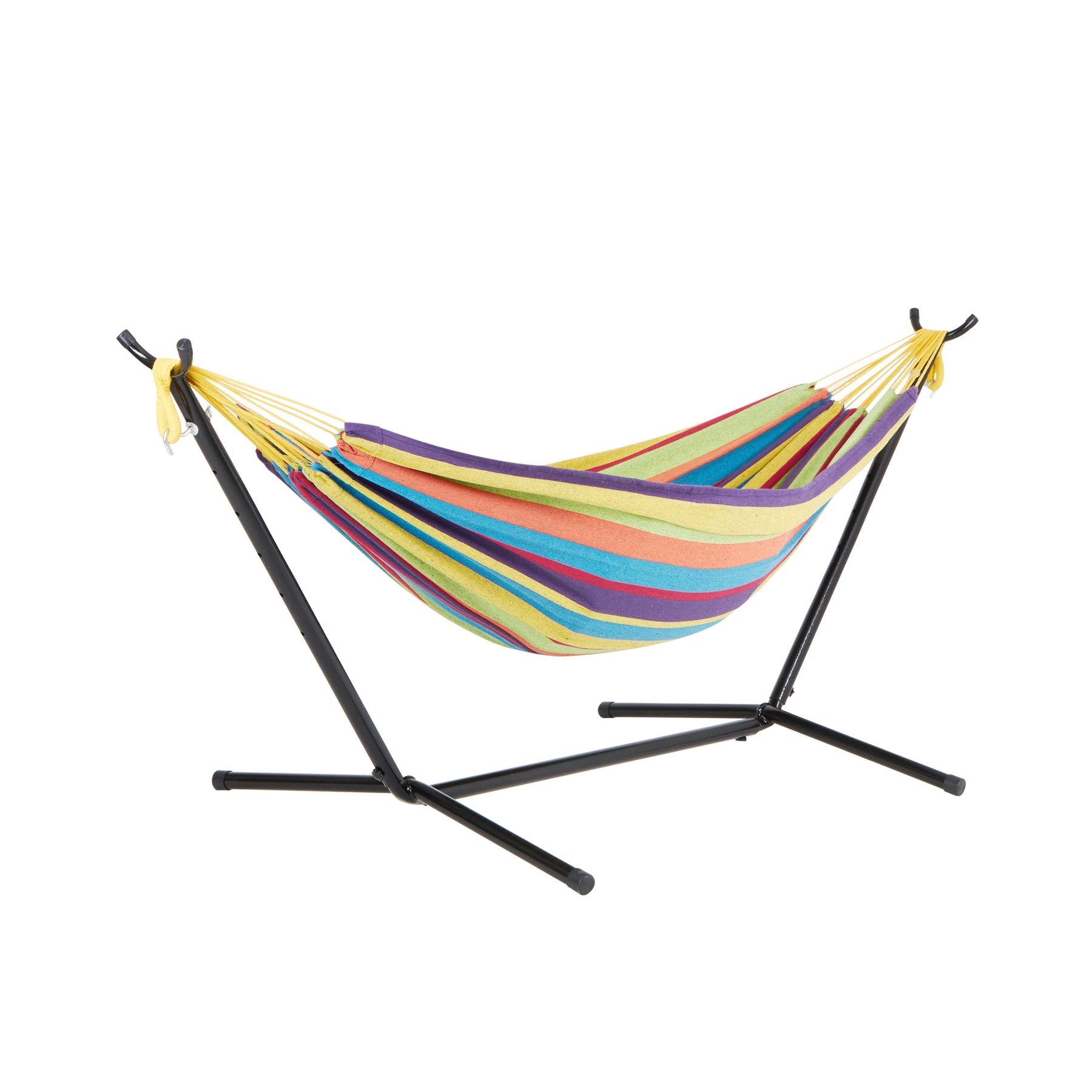 Bliss Hammocks 60-inch Wide Hammock & Built-in Stand in the Candy Stripe variation, consisting of colored stripes: green, orange, blue, yellow, red, and purple.