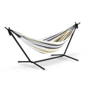 Bliss Hammocks 60-inch Wide Hammock & Built-in Stand in the Hampton Stripe variation, which is mostly white with gold and black stripes.