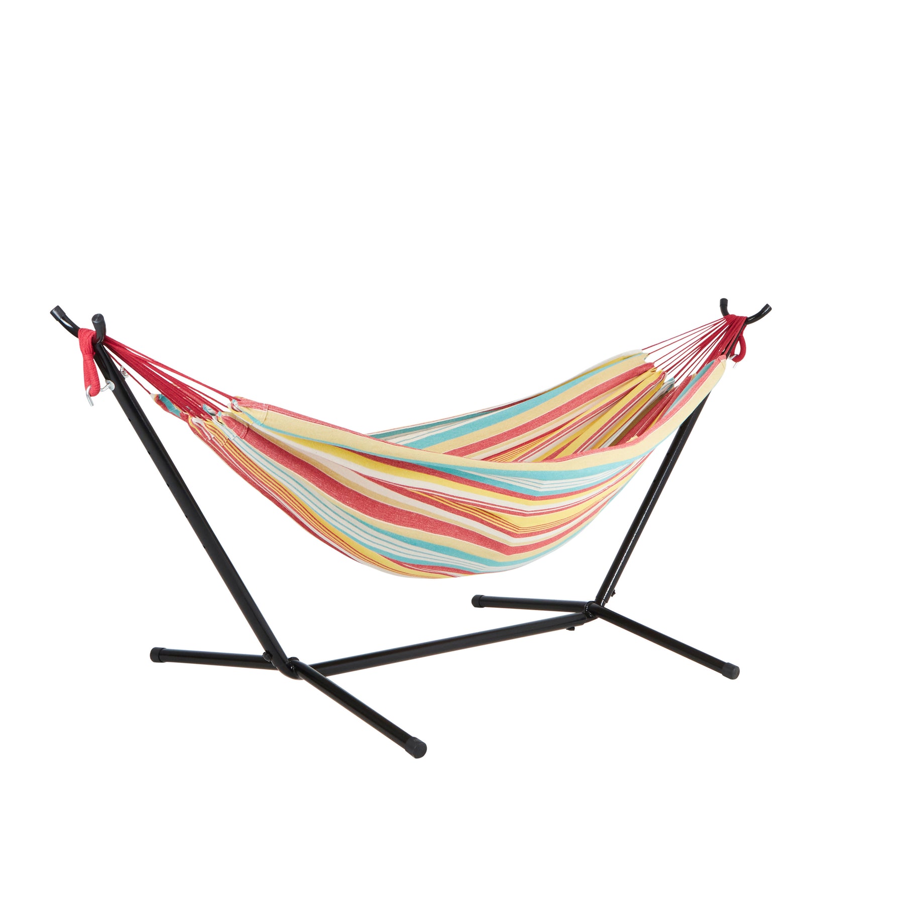 Bliss Hammocks 60-inch Wide Hammock & Built-in Stand in the Watermelon Stripe variation, which are stripes of red, yellow, white, and blue.