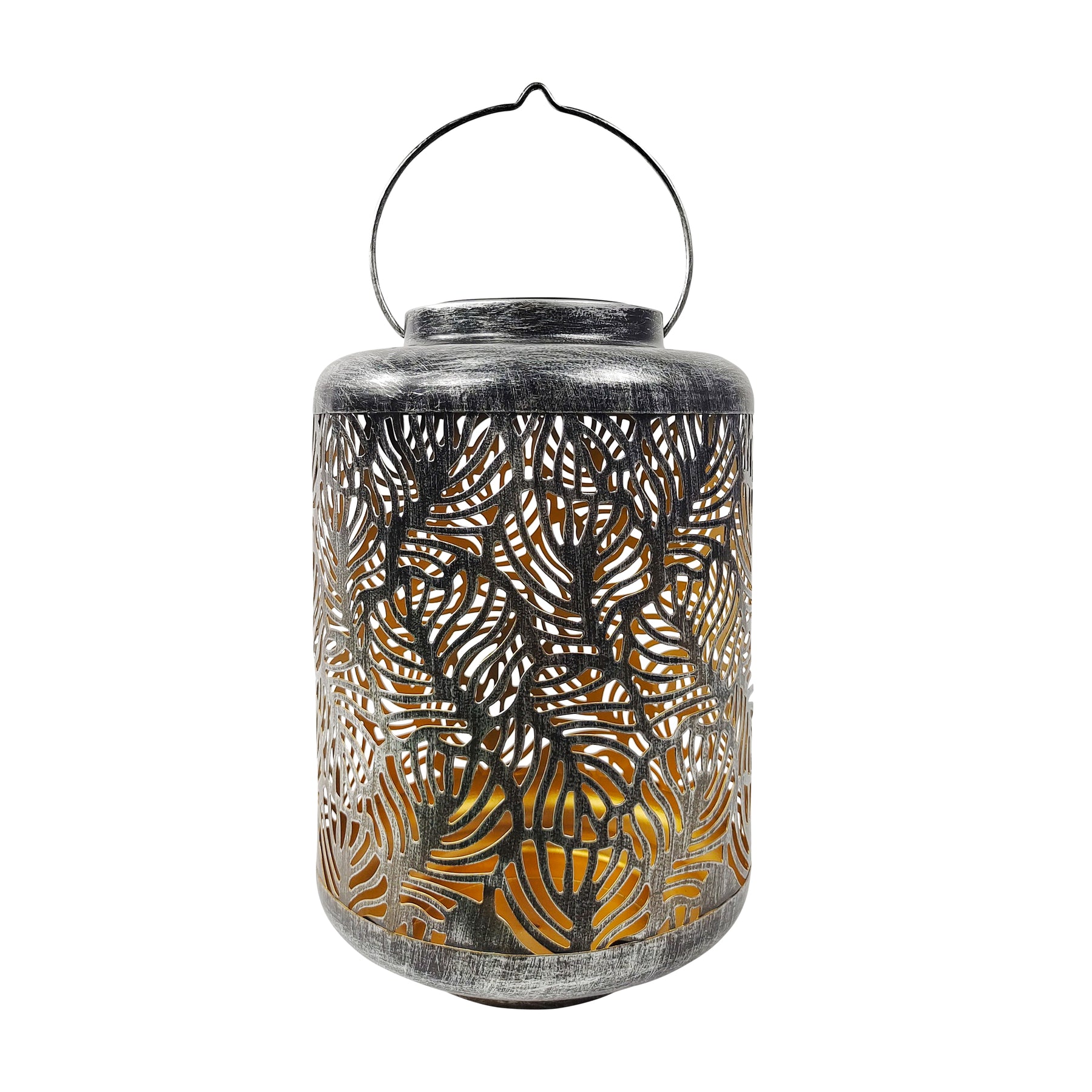 Bliss Outdoors 12-inch Tall Hanging and Tabletop Decorative Solar LED Lantern with Unique Tropical Leaf Design and Antique Hand Painted Finish in the brushed silver variation.