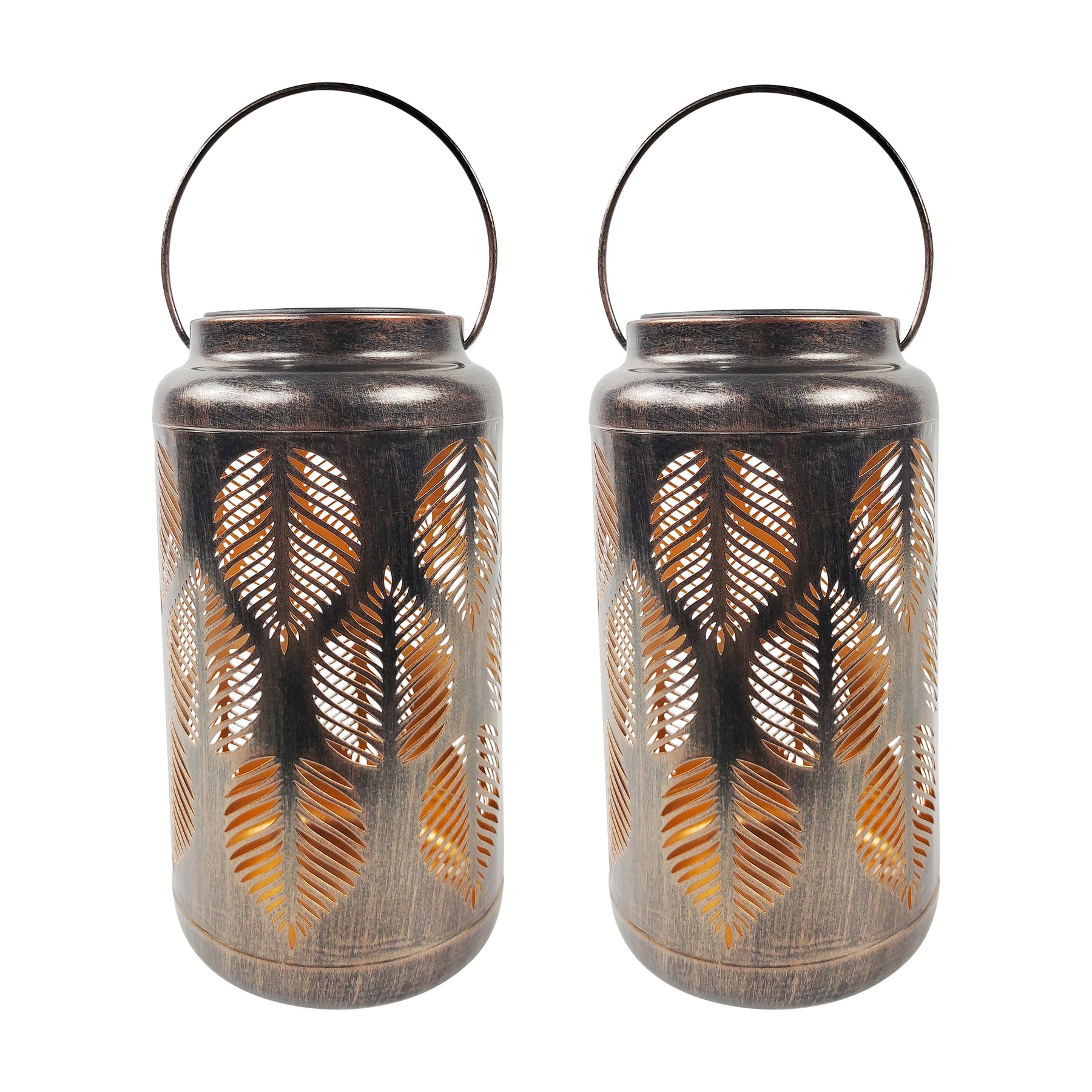 Bliss Outdoors 9-inch Tall 2-Pack Hanging and Tabletop Decorative Solar LED Lantern with Unique Tropical Leaf Design and Antique Hand Painted Finish in the brushed bronze variation.