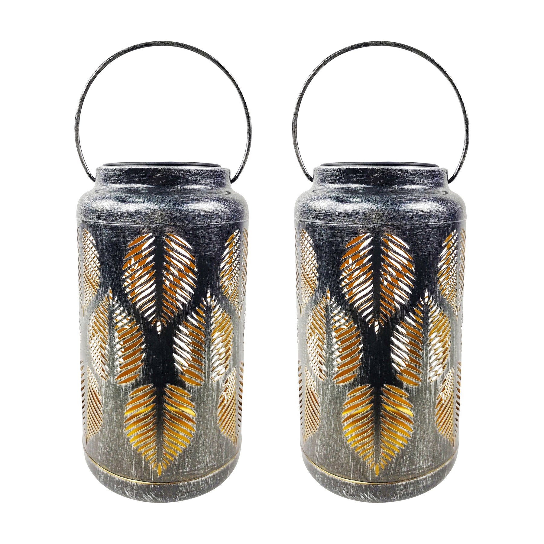 Bliss Outdoors 9-inch Tall 2-Pack Hanging and Tabletop Decorative Solar LED Lantern with Unique Tropical Leaf Design and Antique Hand Painted Finish in the brushed silver variation.