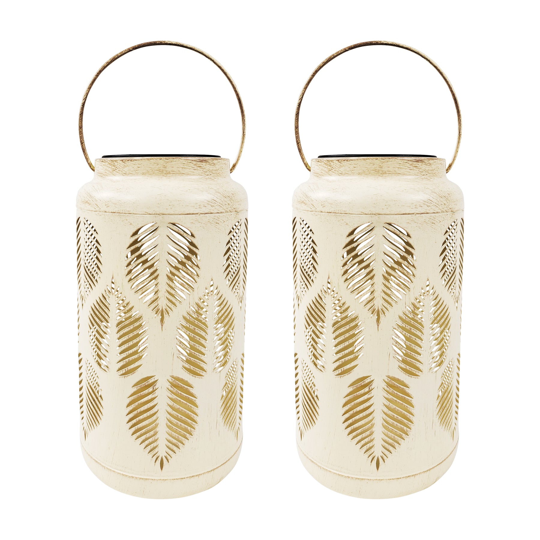 Bliss Outdoors 9-inch Tall 2-Pack Hanging and Tabletop Decorative Solar LED Lantern with Unique Tropical Leaf Design and Antique Hand Painted Finish in the antique white variation.