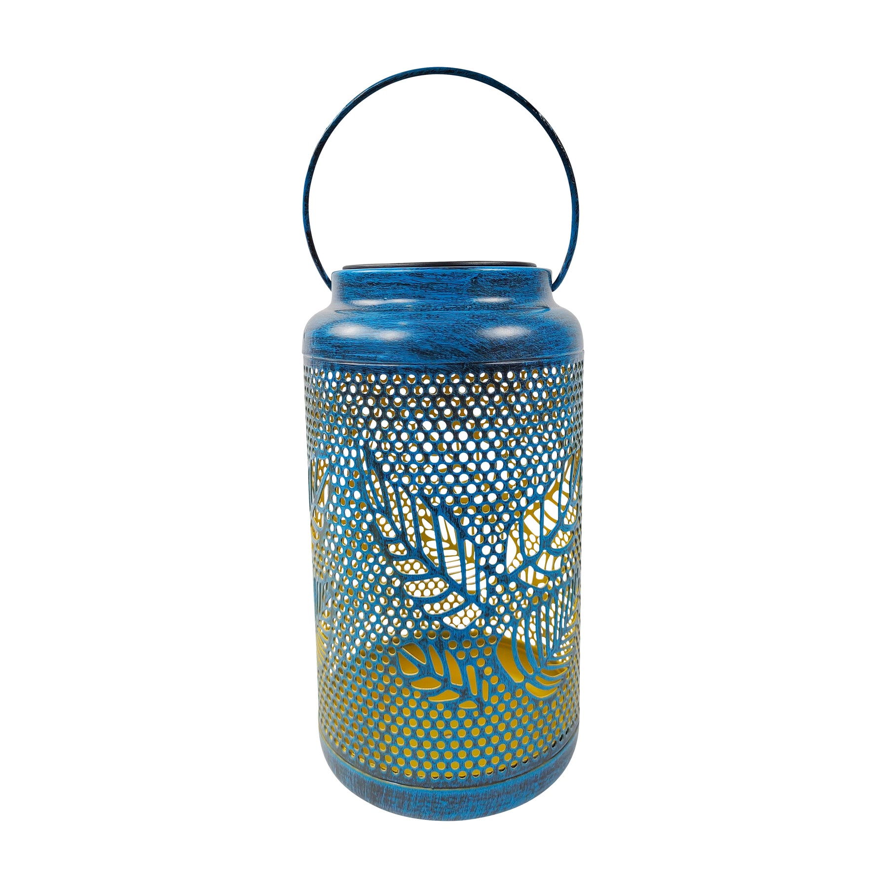 A single Bliss Outdoors 9-inch Tall Hanging and Tabletop Decorative Solar LED Lantern w/ Unique Berry Leaf Design and Antique Hand Painted Finish in the Brushed Blue Variation.