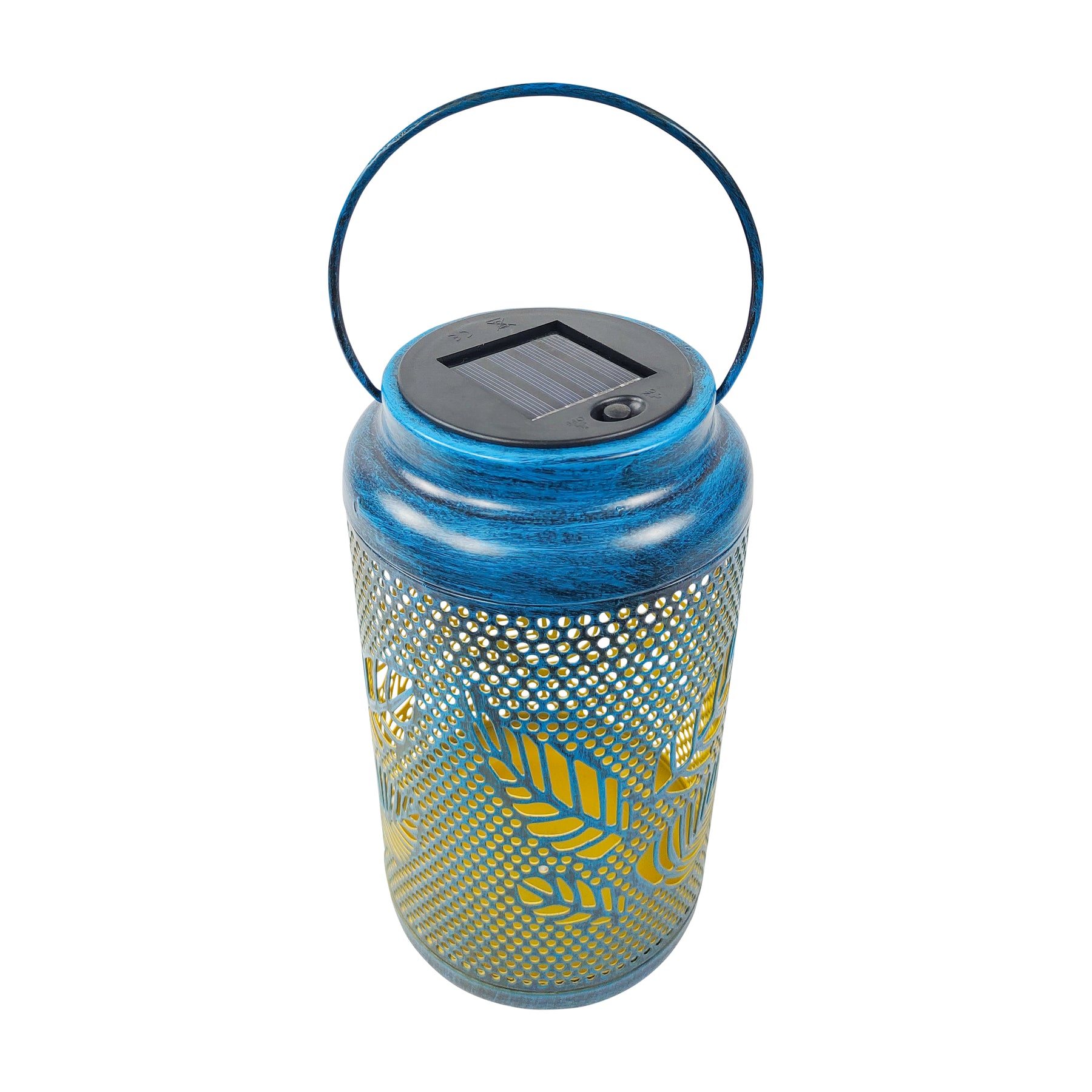 Top-angled view of a single Bliss Outdoors 9-inch Tall Hanging and Tabletop Decorative Solar LED Lantern w/ Unique Berry Leaf Design and Antique Hand Painted Finish in the Brushed Blue Variation. The solar panel and on/off button is visible on the top.
