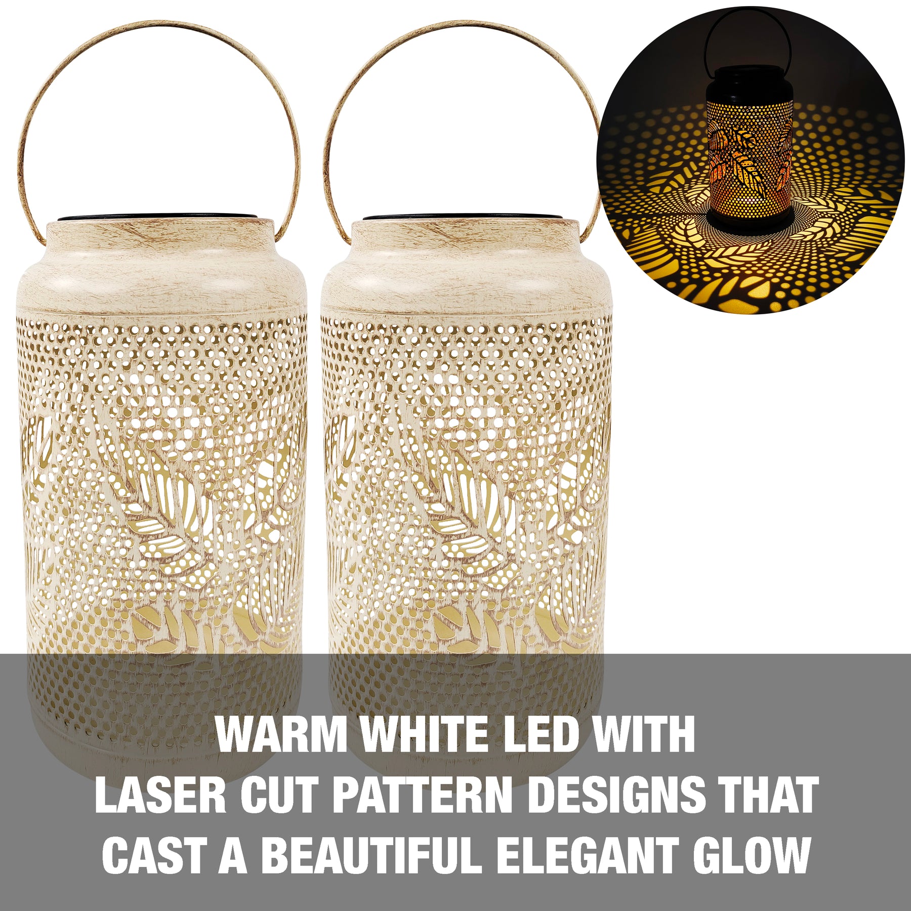 Set of 2 Solar LED Lanterns w/ Berry Leaf Design & Hand Painted Finish | 9-in. Tall | Waterproof IP44