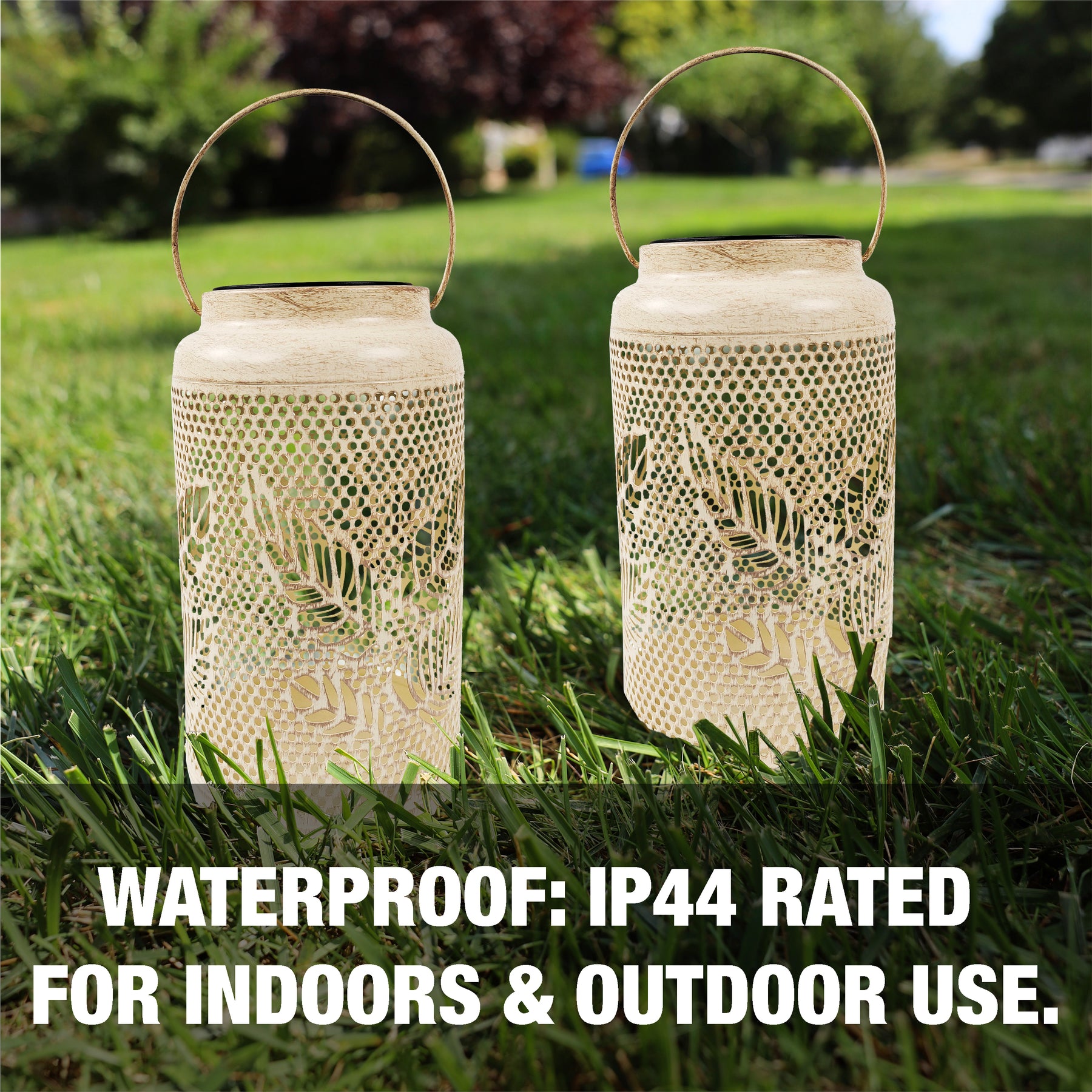 Set of 2 Solar LED Lanterns w/ Berry Leaf Design & Hand Painted Finish | 9-in. Tall | Waterproof IP44