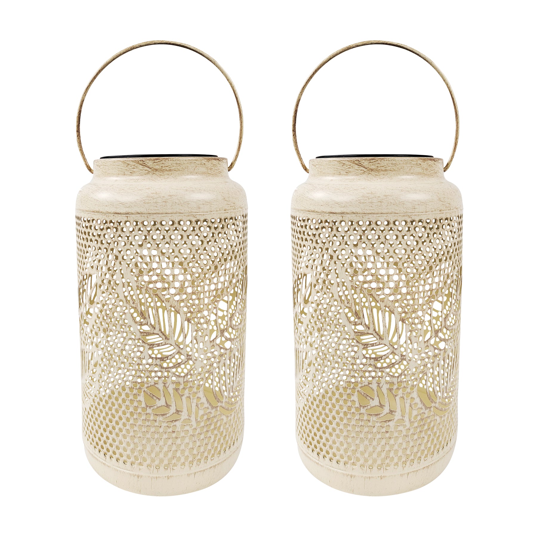 Bliss Outdoors 9-inch Tall 2-Pack Hanging and Tabletop Decorative Solar LED Lantern with Unique Berry Leaf Design and Antique Hand Painted Finish in the Antique White Variation.