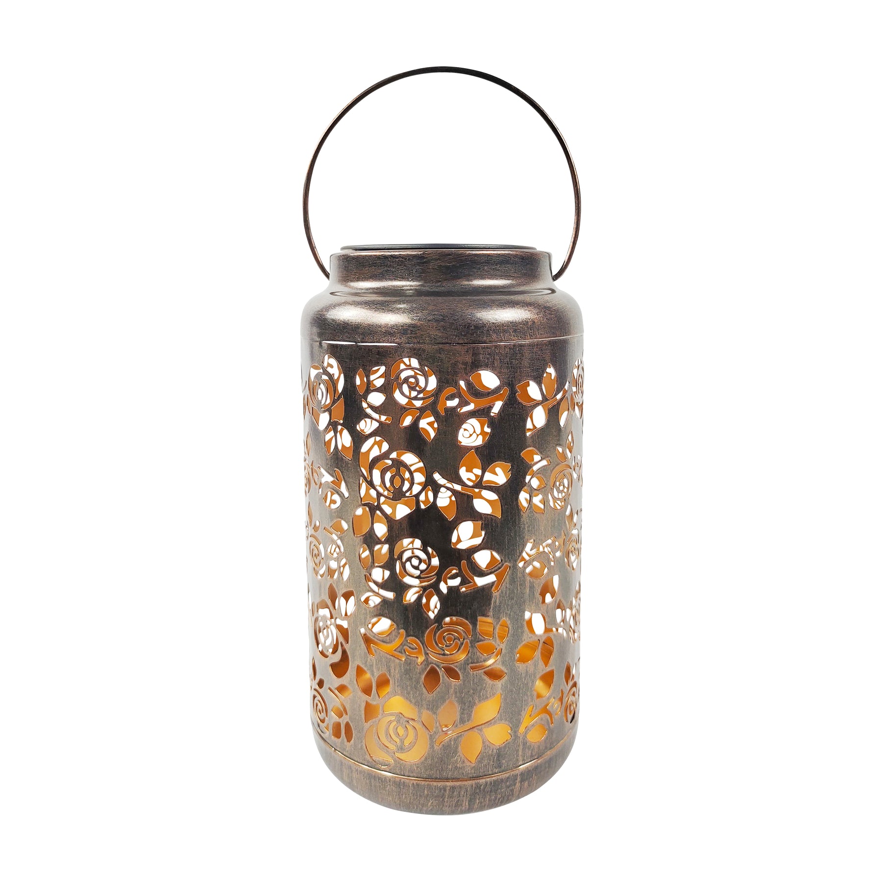 A single Bliss Outdoors 9-inch Tall Hanging and Tabletop Decorative Solar LED Lantern w/ Unique Rose Design and Antique Hand Painted Finish in the brushed bronze variation.