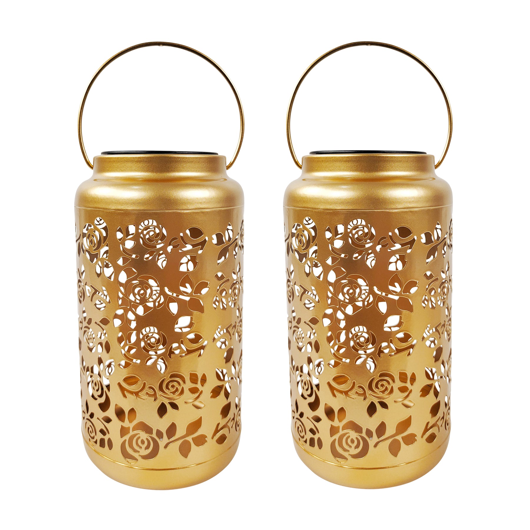 Bliss Outdoors 9-inch Tall 2-Pack Hanging and Tabletop Decorative Solar LED Lantern w/ Unique Rose Design and Antique Hand Painted Finish in the gold variation.