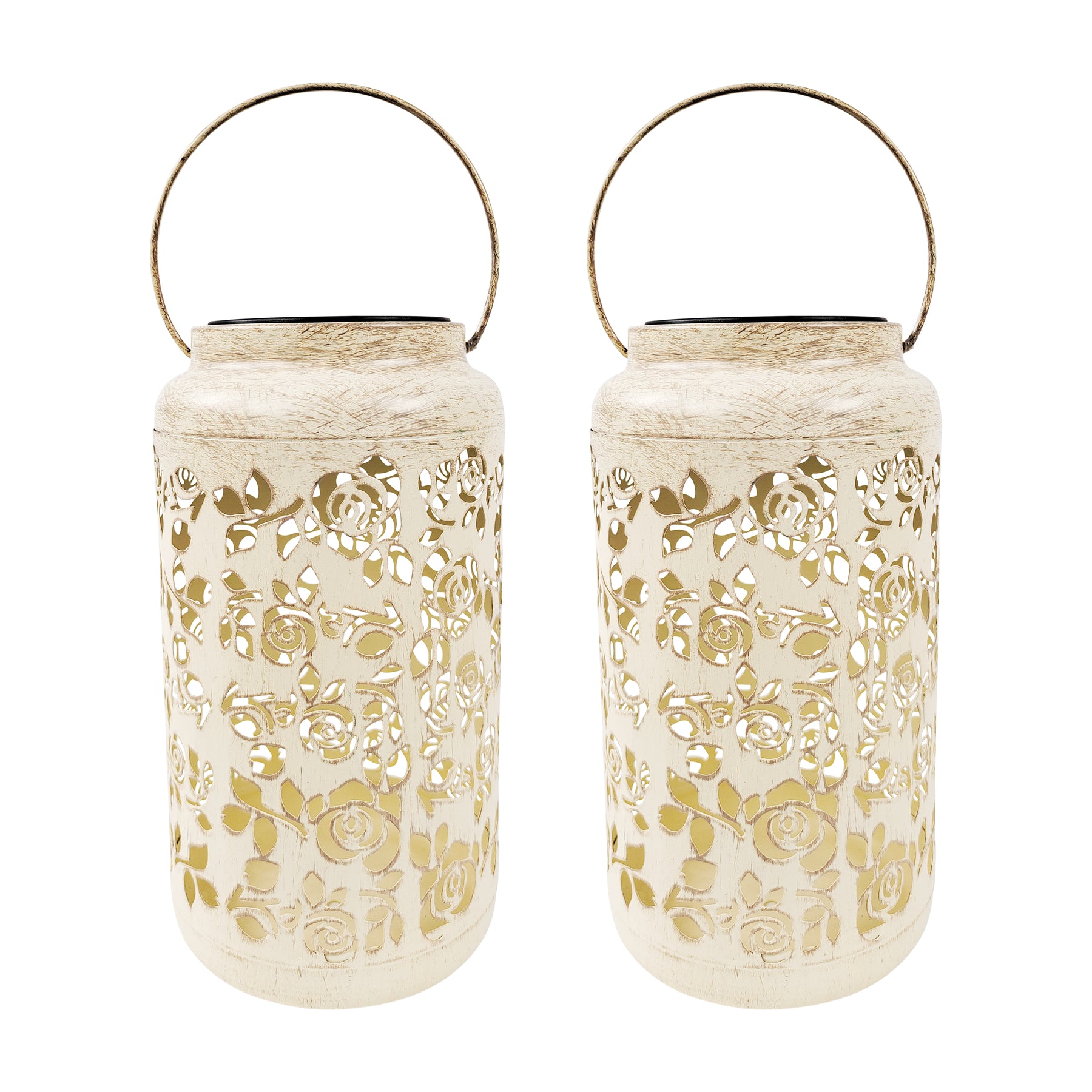 Bliss Outdoors 9-inch Tall 2-Pack Hanging and Tabletop Decorative Solar LED Lantern w/ Unique Rose Design and Antique Hand Painted Finish in the antique white variation.