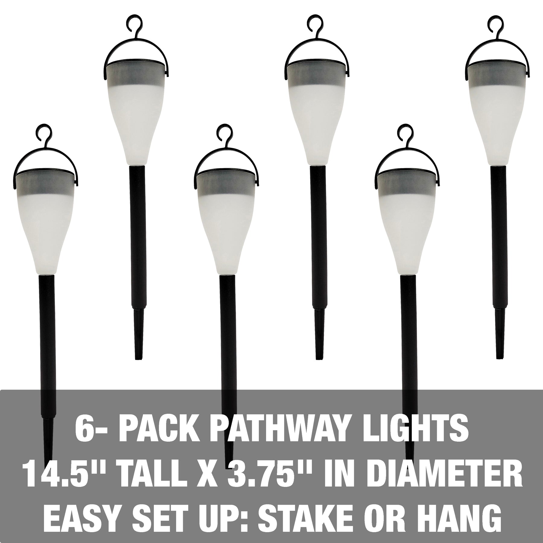 Solar Powered LED Pathway Lights w/ Hanging Hook | 14-in. Tall | 6-Pack | Waterproof IP44