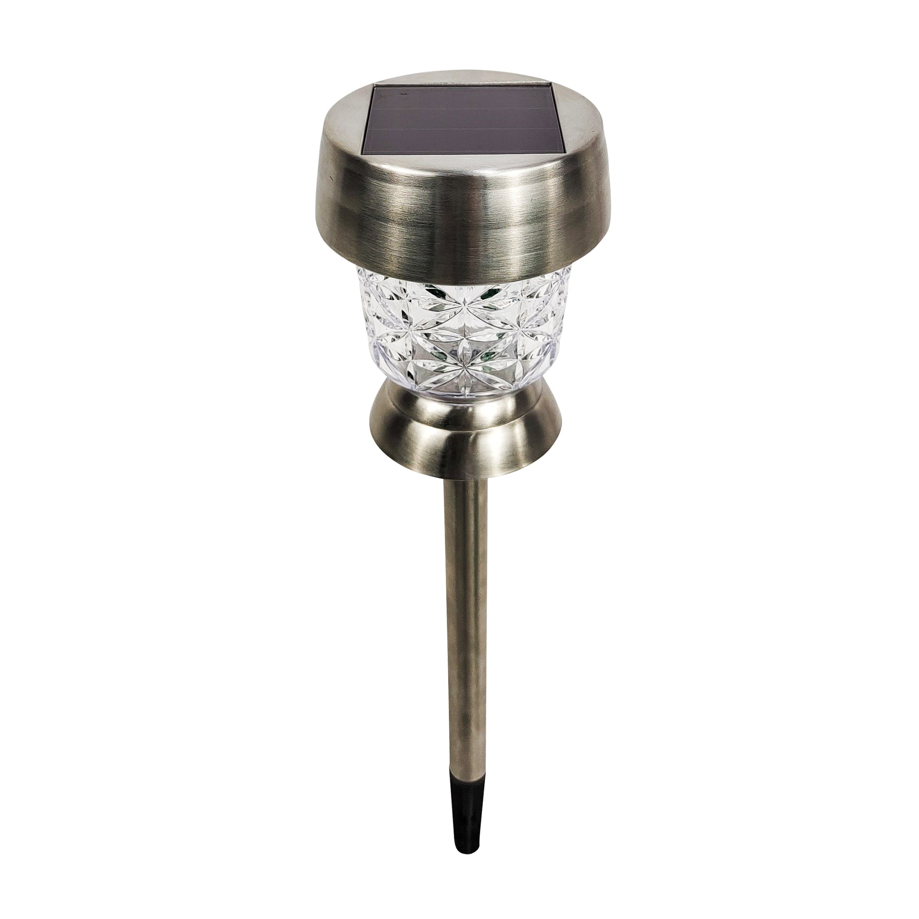 Top-angled view of the Bliss Outdoors 14-inch Tall Stainless Steel Solar Powered LED Pathway Light showing the solar panel on top.