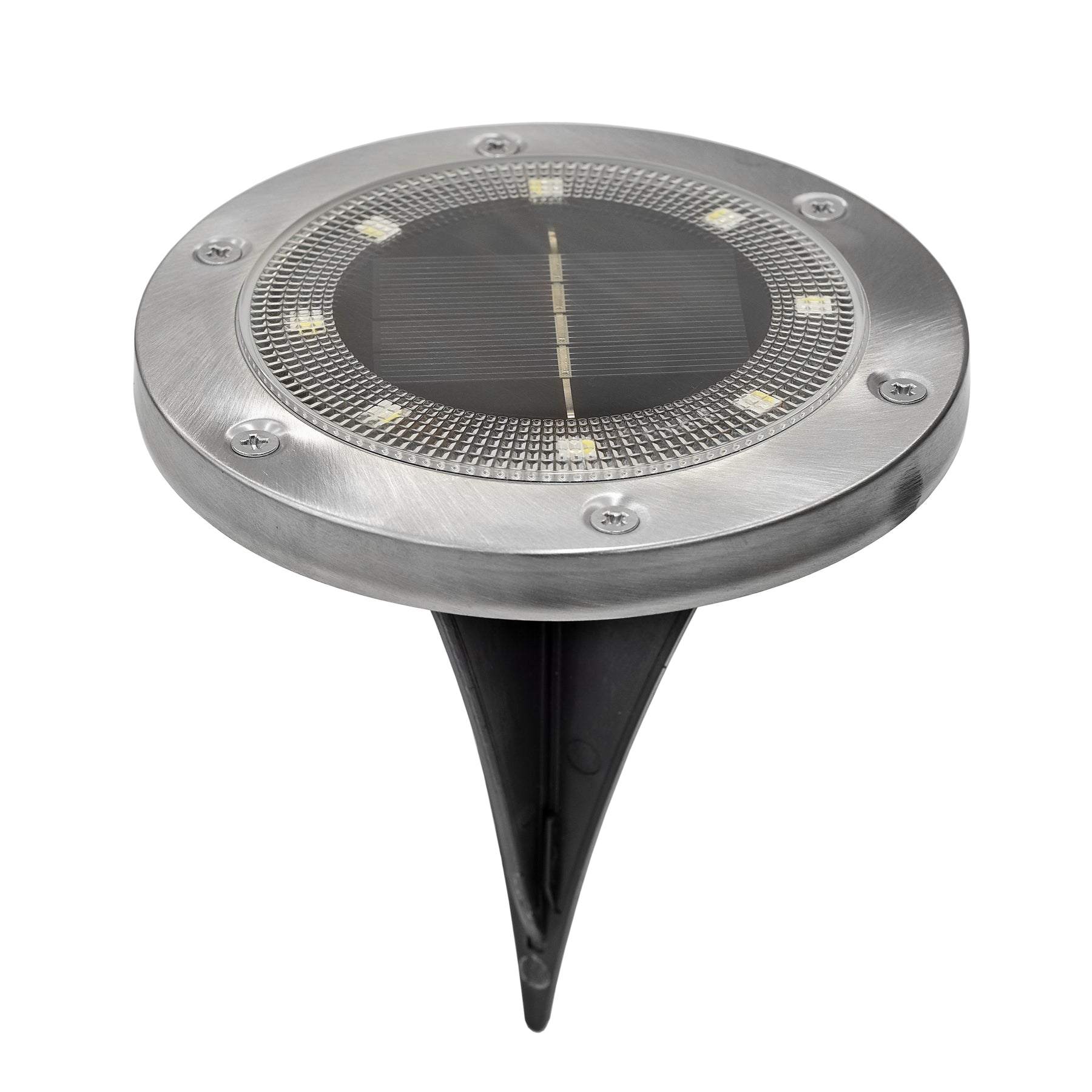 Bliss Outdoors Solar Powered LED Metal Disc Pathway light with ABS casing.