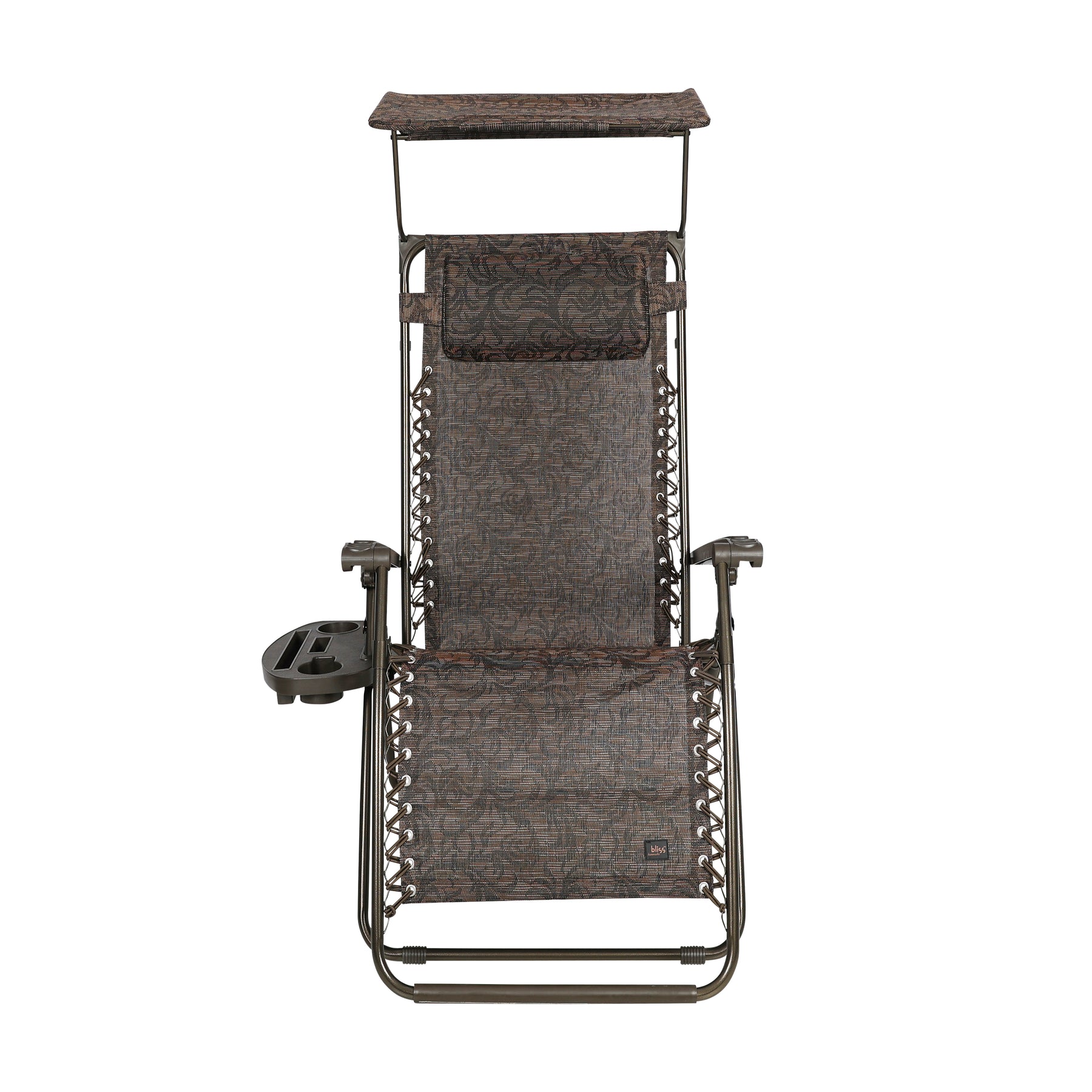 Front view of the Bliss Hammocks 26-inch Wide Zero Gravity Chair with Canopy, Pillow, and Drink Tray in the brown jacquard variation.