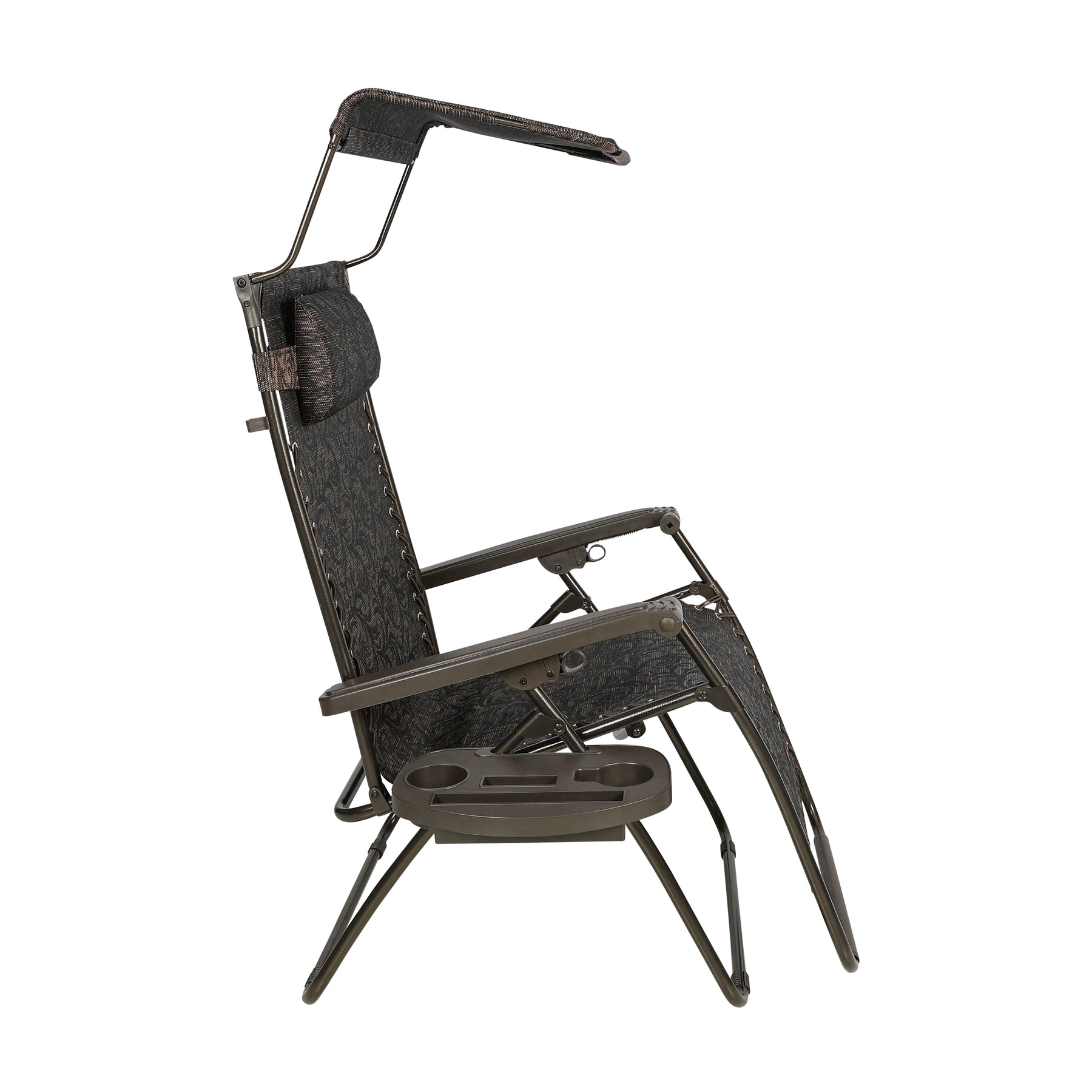 Side view of the Bliss Hammocks 30-inch Wide XL Zero Gravity Chair with Adjustable Canopy Sun-Shade, Drink Tray, and Adjustable Pillow in the brown jacquard variation.