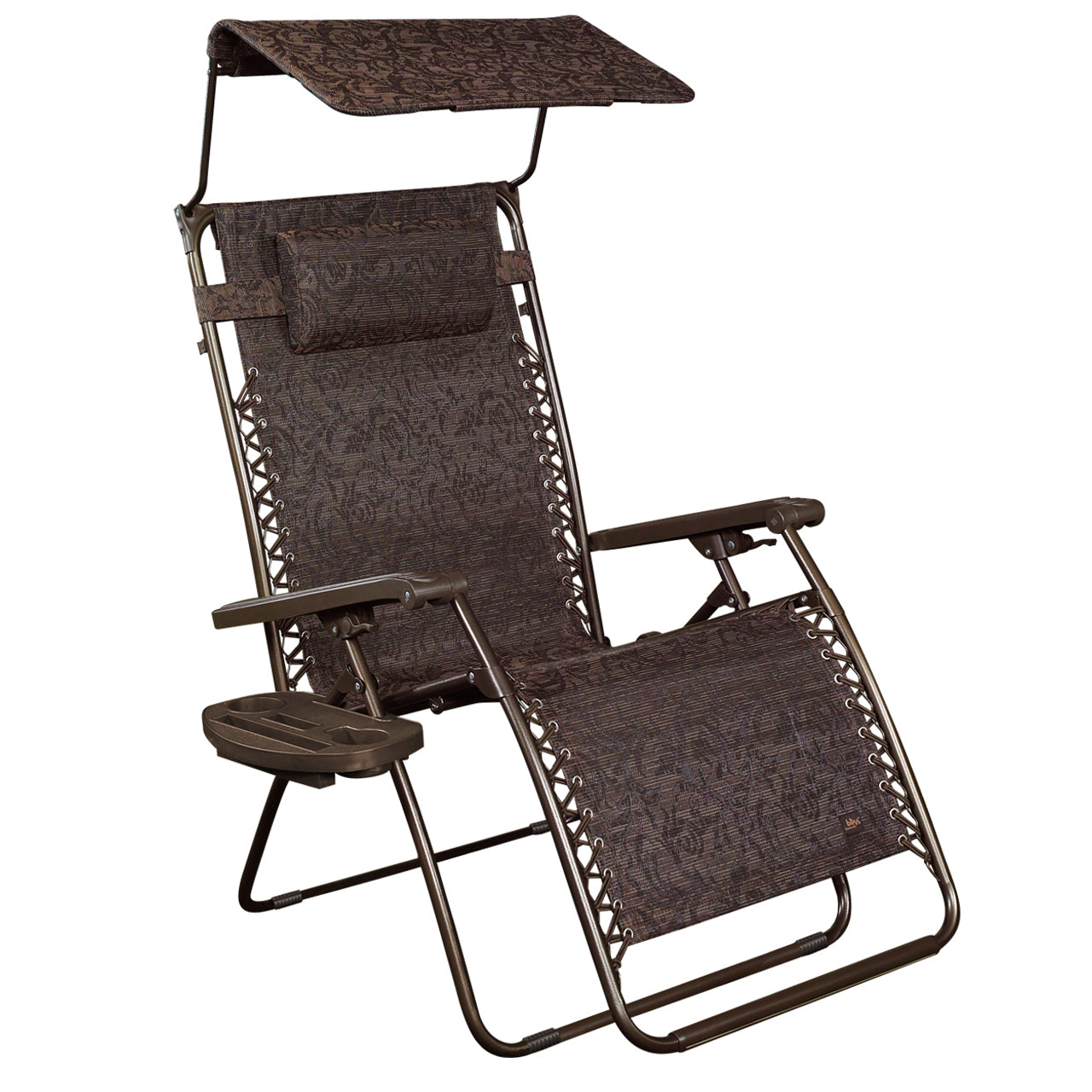 Bliss Hammocks 30-inch Wide XL Zero Gravity Chair with Adjustable Canopy Sun-Shade, Drink Tray, and Adjustable Pillow in the brown jacquard variation.