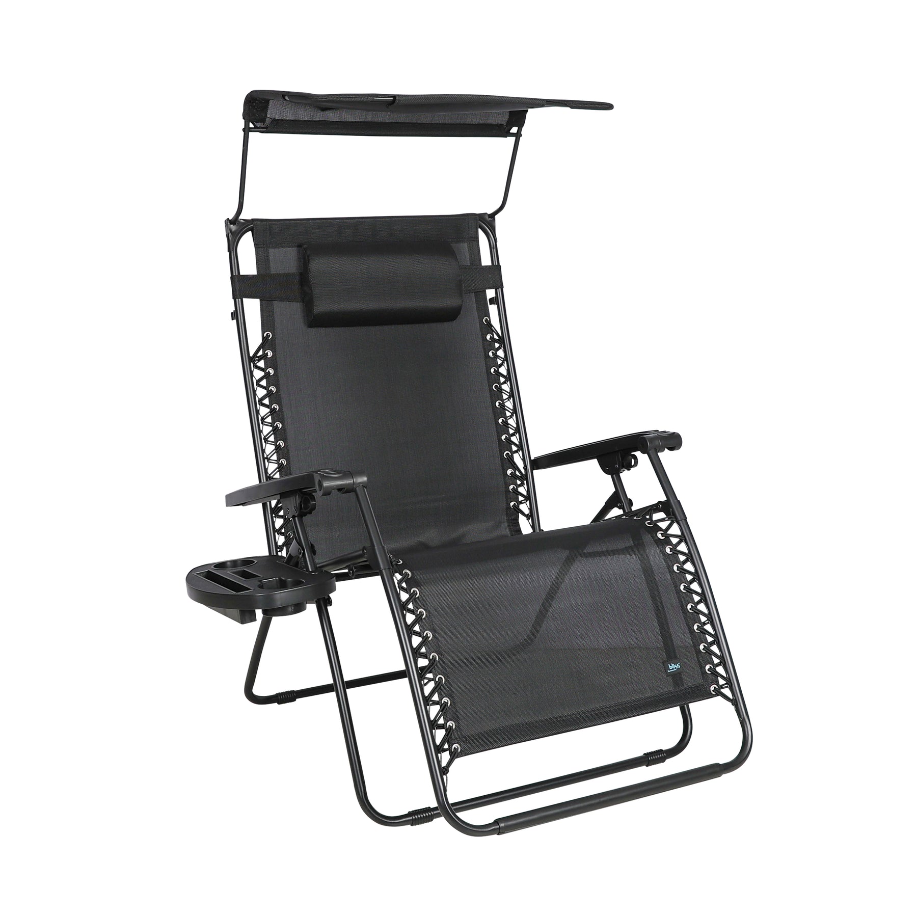 Bliss Hammocks 33-inch Wide XXL Zero Gravity Chair with Adjustable Canopy Sun-Shade, Drink Tray, and Adjustable Pillow in the black variation.