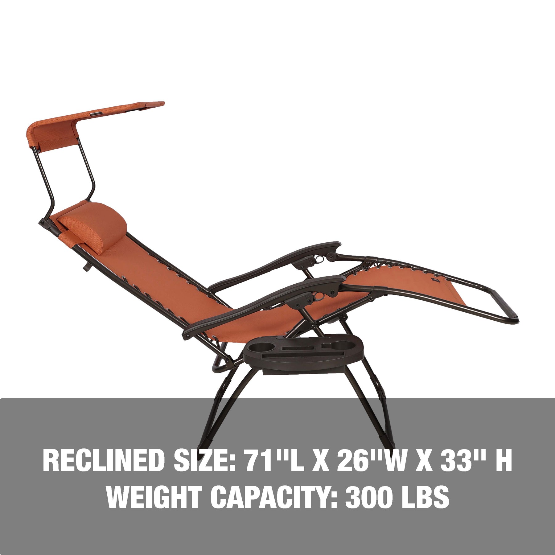 Reclined size has a length of 71 inches, width of 26 inches, and height of 33 inches. Has a weight capacity of 300 pounds.
