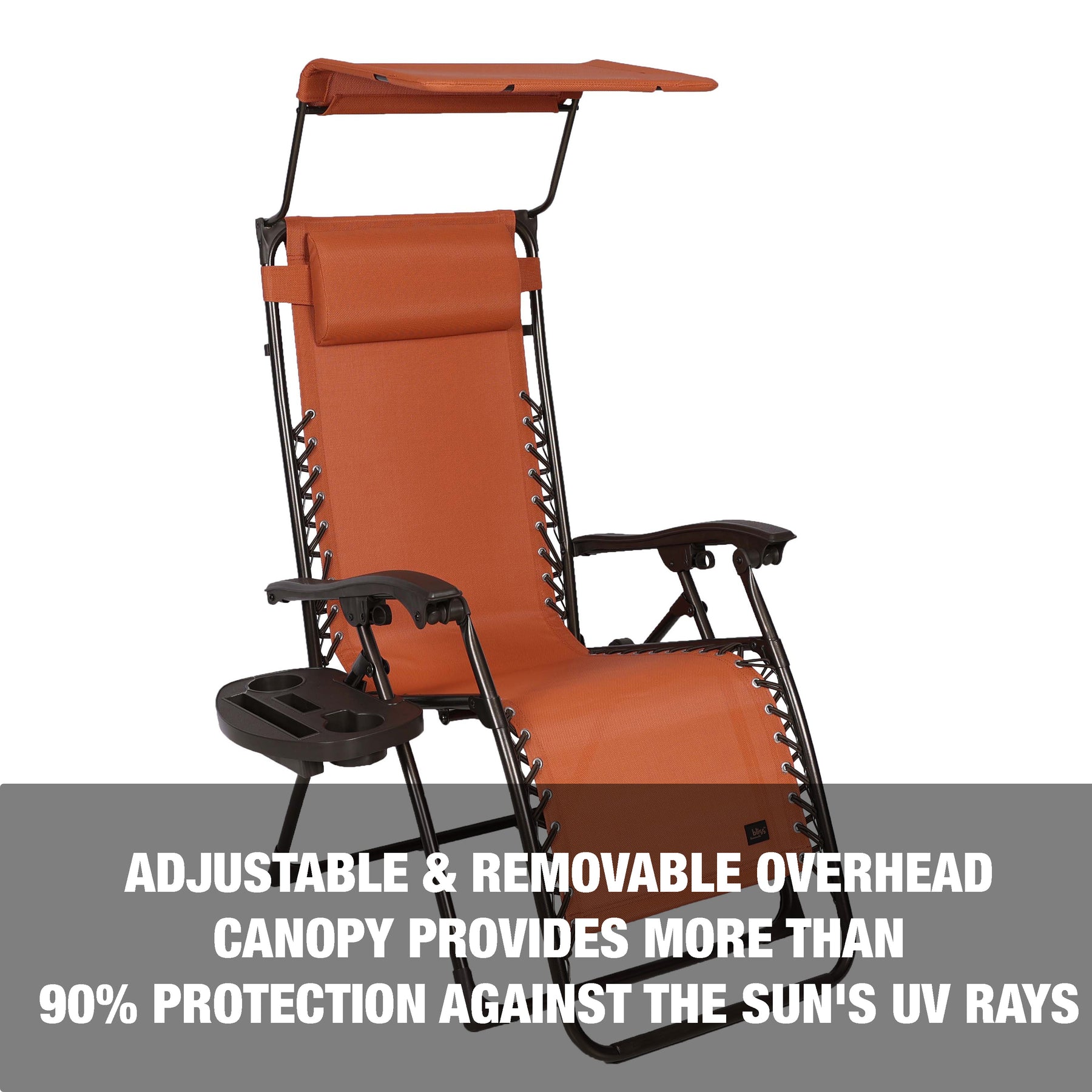 Adjustable and removable overhead canopy provides more than 90 percent protection against the sun's UV rays.